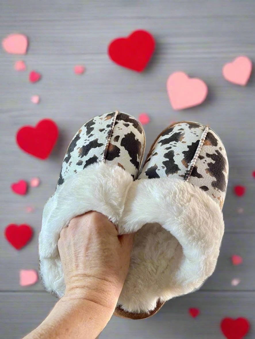 COW PRINT SLIPPERS, Cowhide Slippers, Cowgirl Slippers, Cow Slippers make great Cow print gifts and Cowgirl Valentine&#39;s Day gifts- Ultra-soft PLUSH slippers feature sherpa lining, durable rubber sole, CUTE COW PRINT and SHIP FREE with $35 purchase!