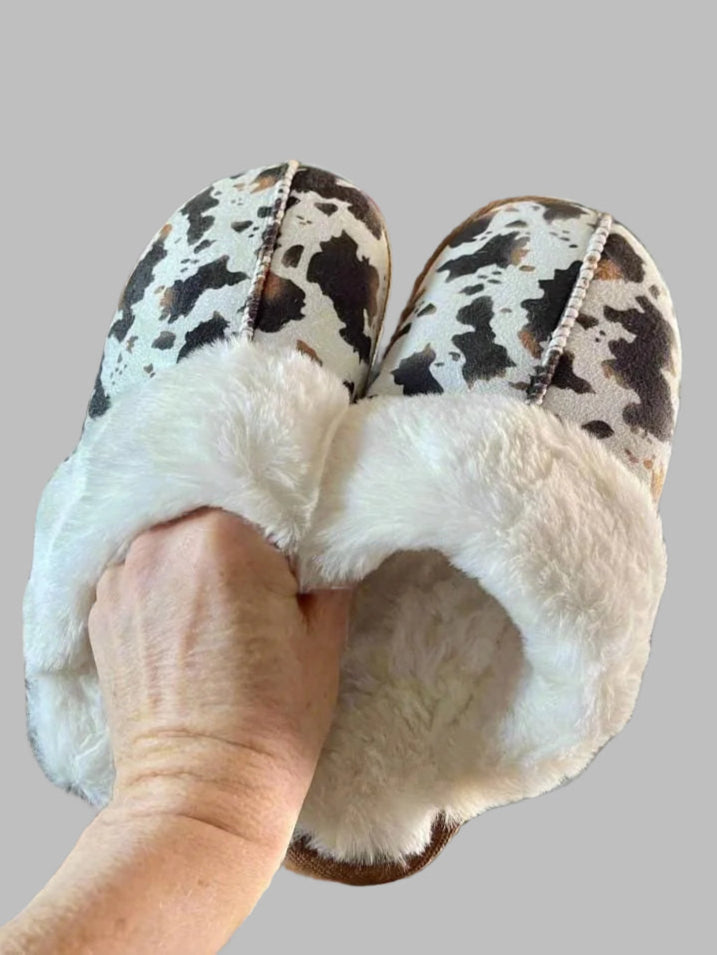 COWPRINT SLIPPERS FOR WOMEN FEATURE PLUSH SHERPA LIINING, RUBBER SOLES AND THE BEST COWPRINT OUTSIDE!