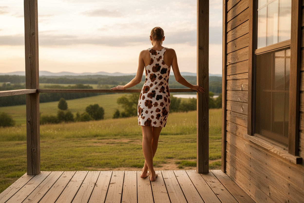 Brindle Cowprint Racerback Dress. FREE SHIPPING ALL ORDERS $35+ The brindle brown pattern gives it a rich, earthy twist on the classic cowprint look 🤎 Whether you’re two-steppin’ at a concert or lounging by the lake, this racerback cut keeps things cute and cool.

✅ Lightweight 100% polyester that flows with every step
✅ Sporty, flattering fit with soft seams and no itchy tag
✅ Tagless & breathable = all-day chill
✅ True to size with a breezy, comfy cut