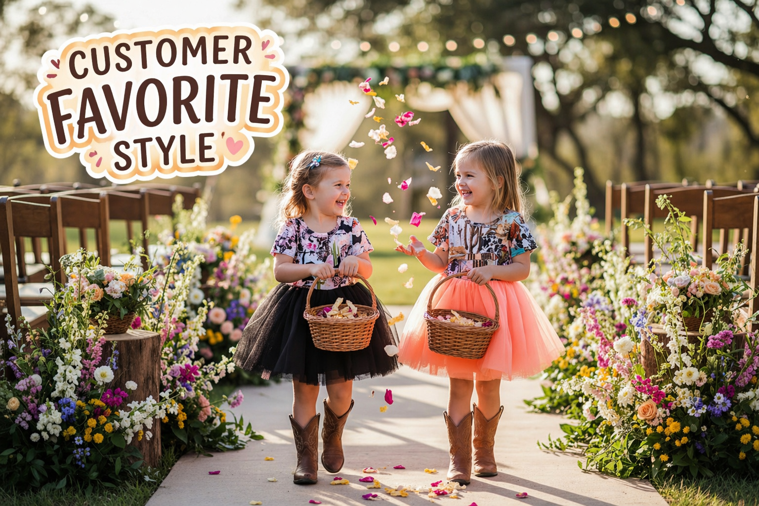 Two young girls in WESTERN TUTUl dresses and cowb\oy boots walking down a decorated aisle with flowers and 'Customer Favorite Style' text.