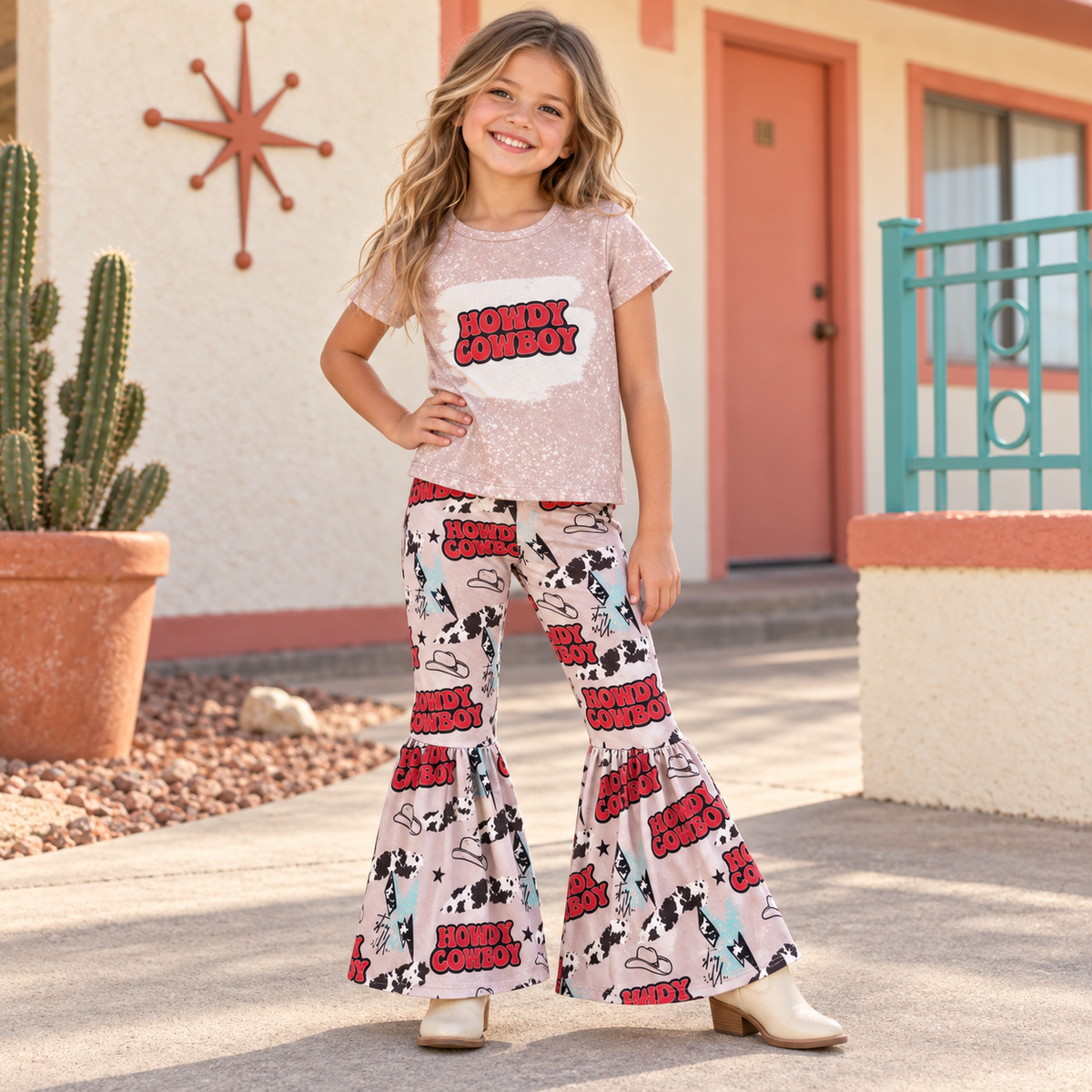 Girls Howdy Cowboy Outfit, Pink Western Bell Bottoms