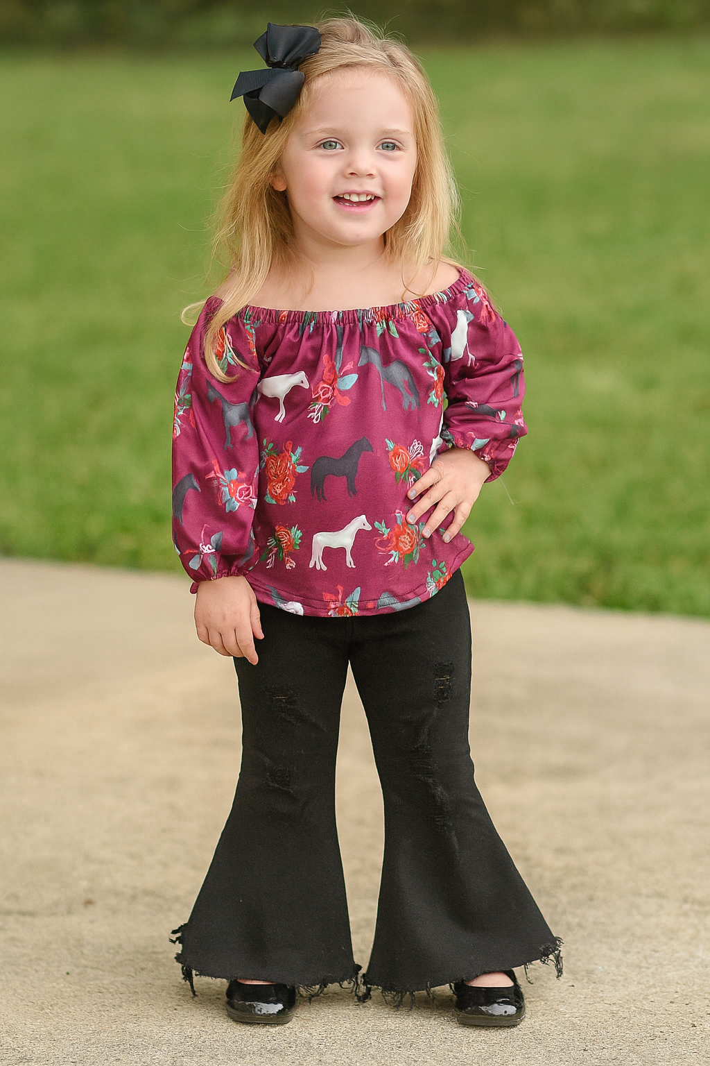 Girls Horse Outfit: Ruffled Blouse & Distressed Black Bell Bottom Jeans
