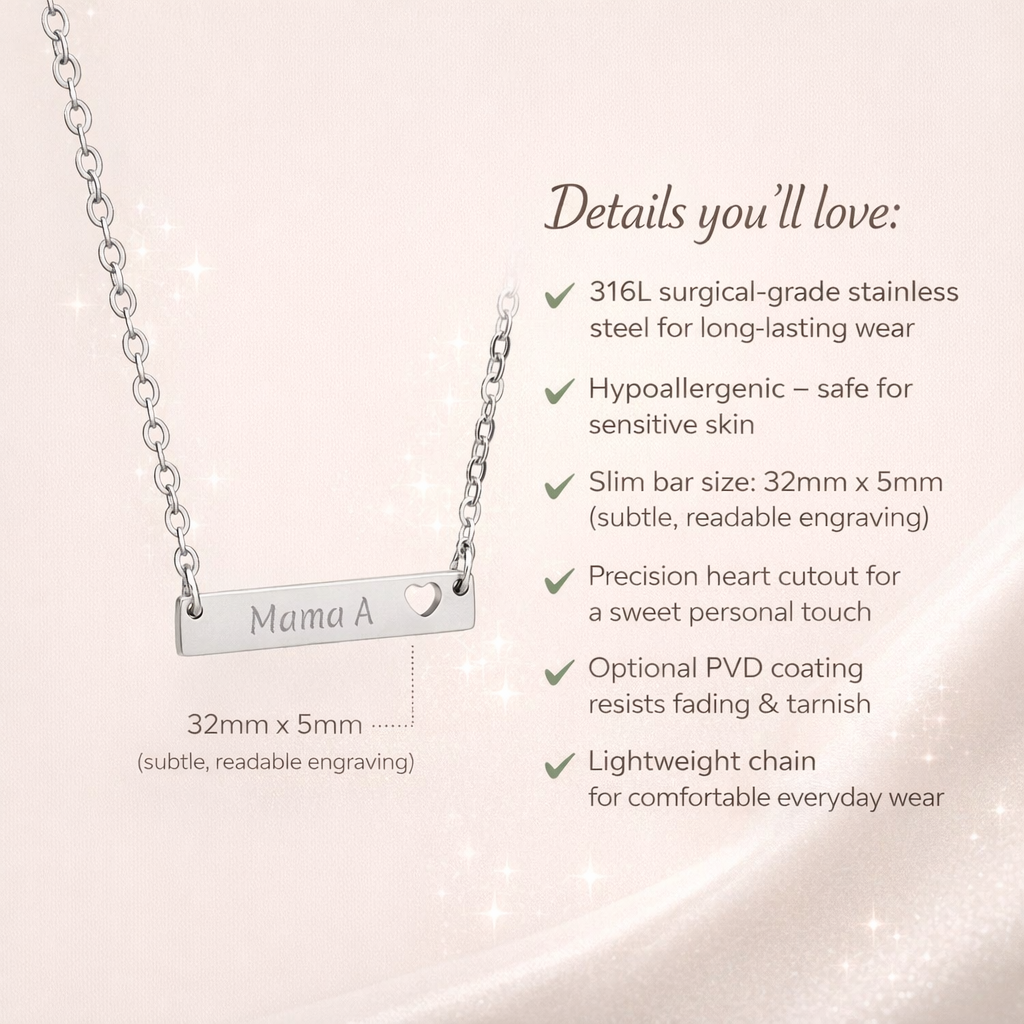 Engraved Name Bar Necklace with Cutout Heart Pendant