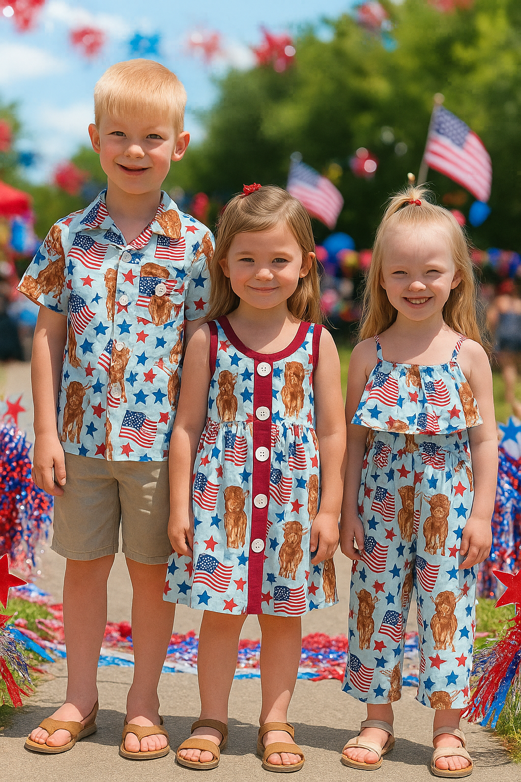 Highland Cow 4th of July Outfits for Kids – Dress, Button Down Shirt & Romper | Western Matching Sibling Set | Patriotic Cowboy ClothesOf July Kids
