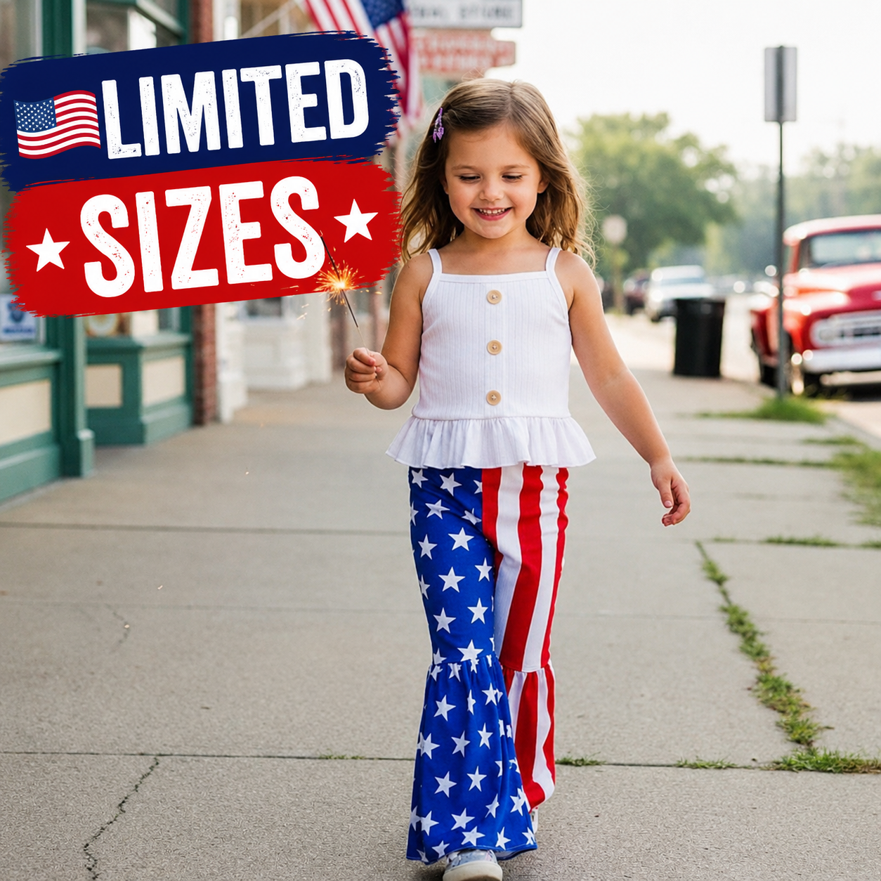 Girls 4th of July Bell Bottom Outfit, Patriotic American Flag Pants Set