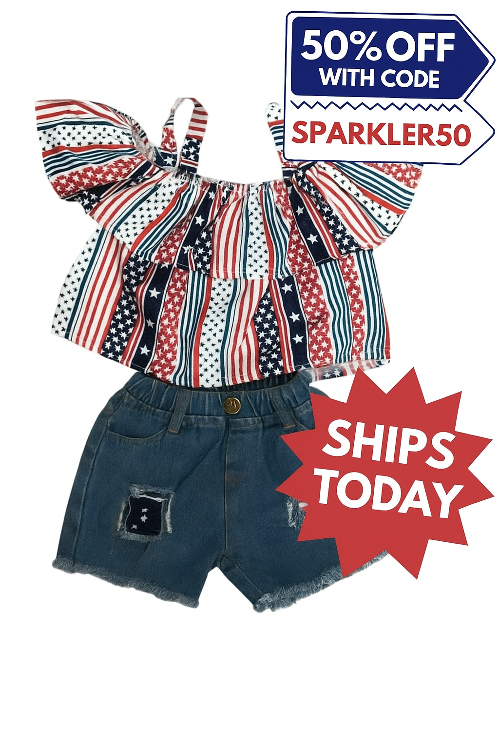 4th of July Toddler Outfit | Flag Shirt & Distressed Jean Shorts Set | USA Kids Clothes | Sizes 2T–5T