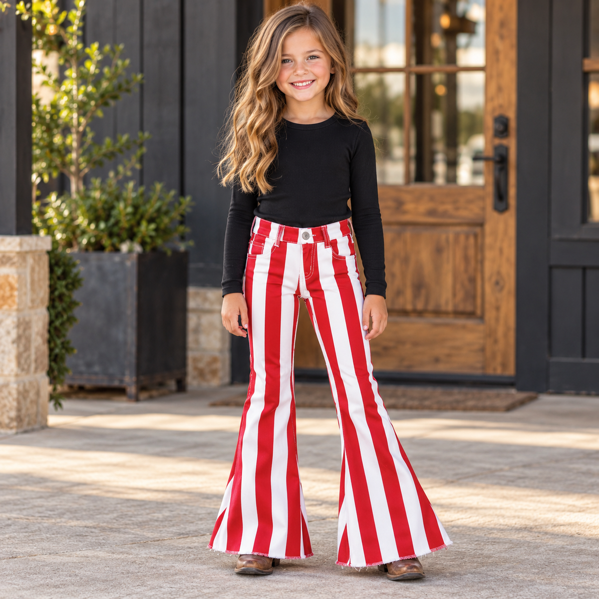 Girls Red and White Striped Bell Bottom Jeans