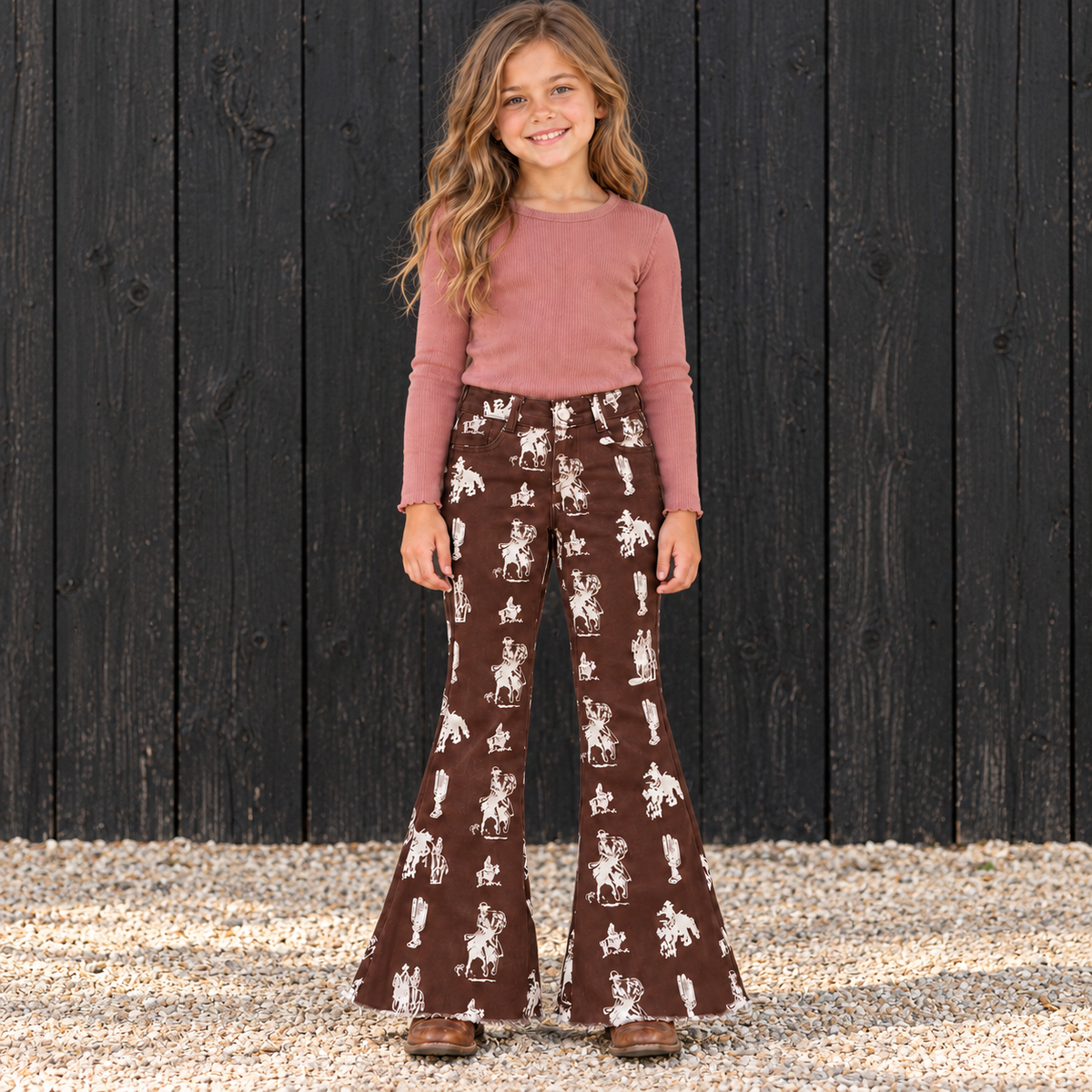 Girls' Vintage Cowboy Print Bell Bottom Jeans | Retro Western Flare Pants