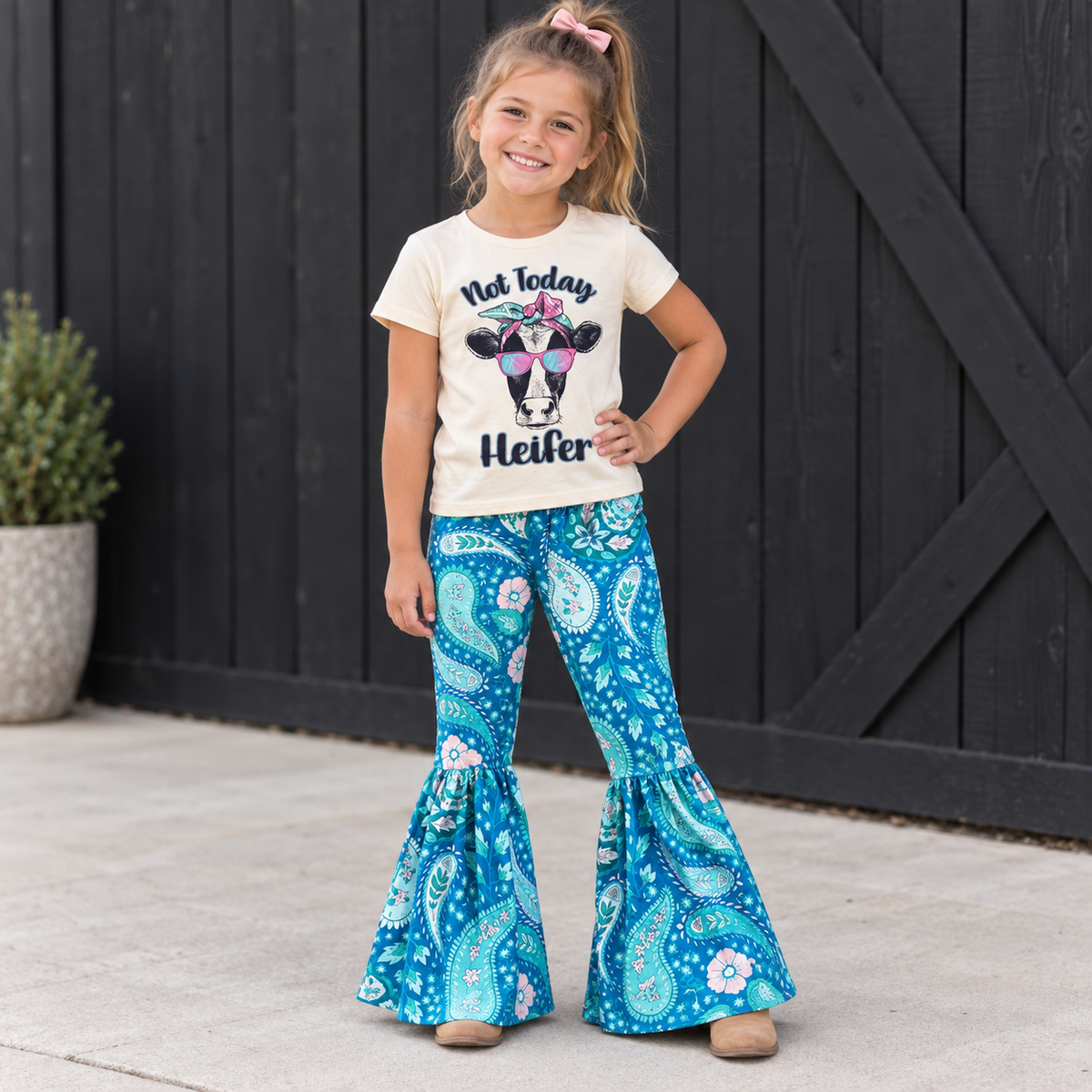 Not Today Heifer Outfit, Girls Paisley Bell Bottom Set, Funny Cow Shirt