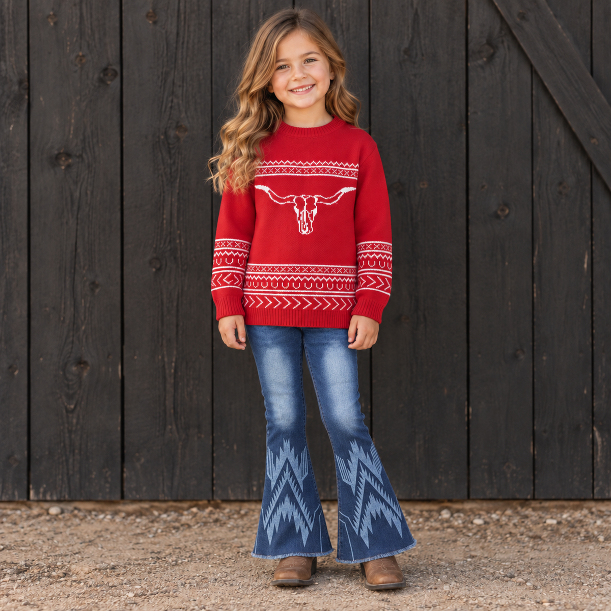 Girls Red Longhorn Sweater, Western Cowgirl Sweater, Kids Western Sweater