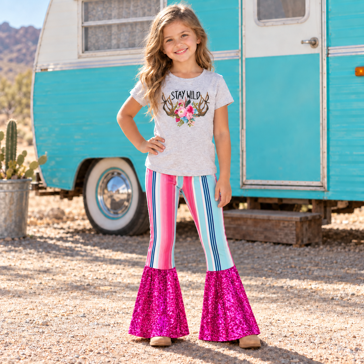 Girls Stay Wild Outfit, Serape Sequin Bell Bottom Set, Western Cowgirl Clothes