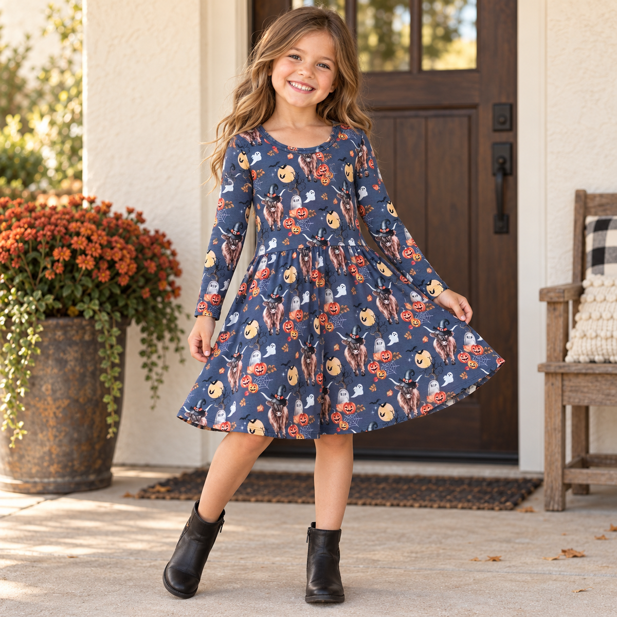Girls Highland Cow Halloween Dress, Western Pumpkin Outfit, Toddler Fall Dress