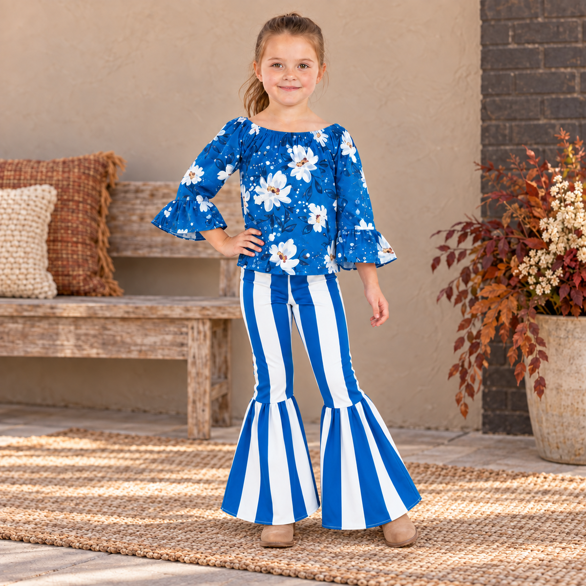 Girls Daisy Outfit, Blue Striped Bell Bottom Set, Retro Flower Blouse