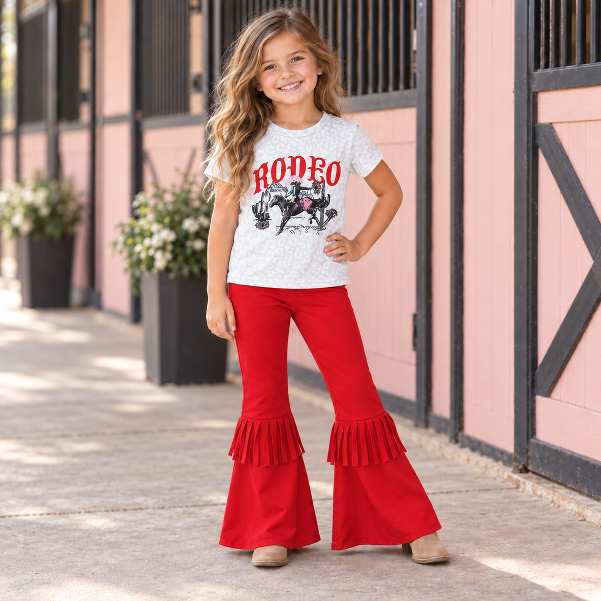 Girls Rodeo Outfit, Red Fringe Bell Bottom Set, Western Cowgirl Clothes, Rodeo Tee