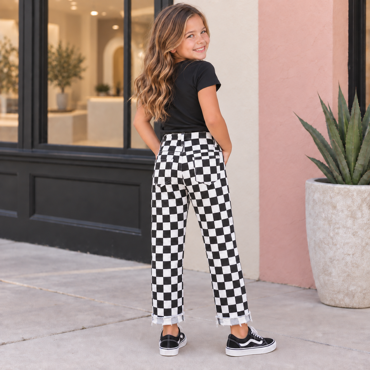 Girls Checkerboard Jeans, Distressed Straight Leg Pants, Mommy and Me Match