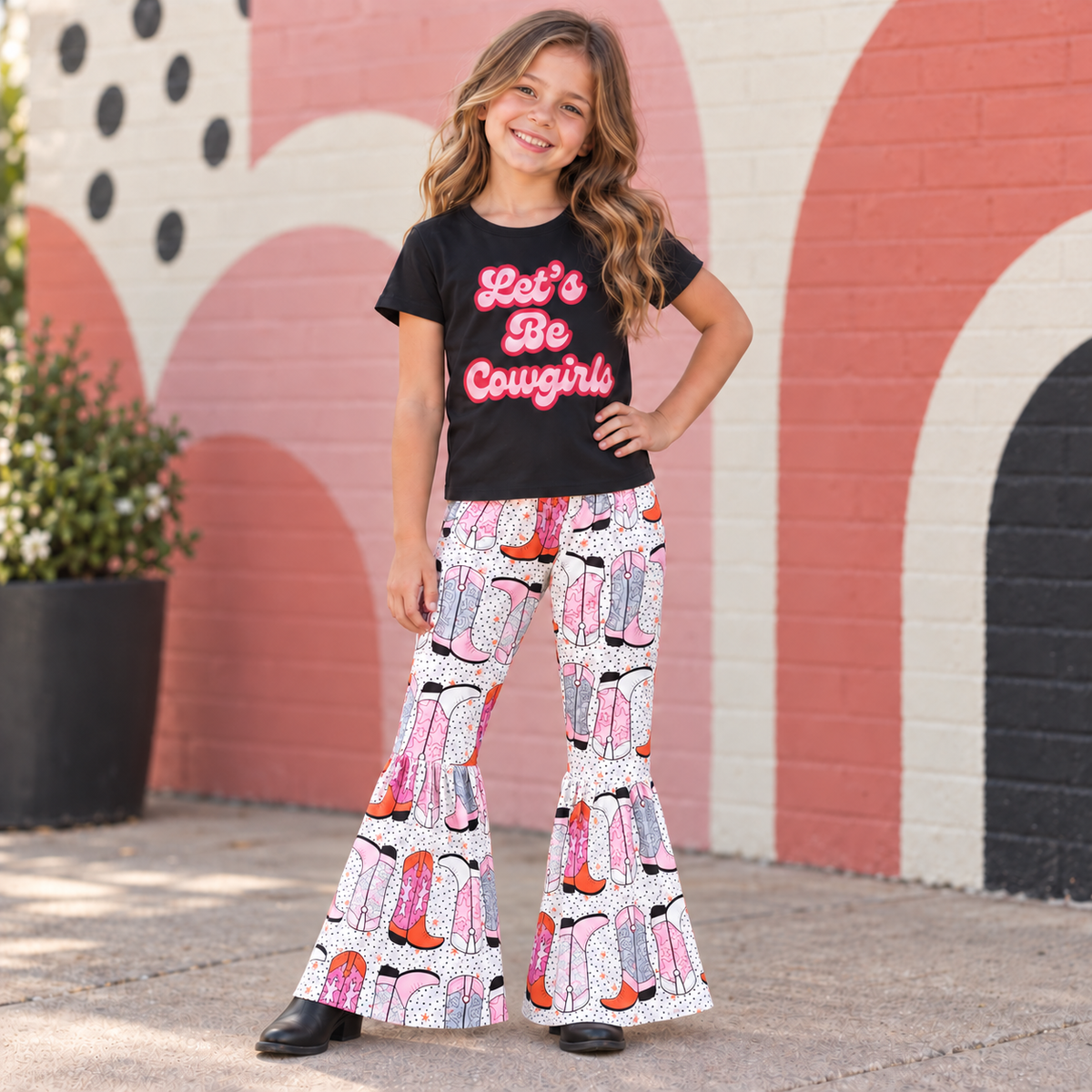 Girls Western Bell Bottom Outfit – Let’s Be Cowgirls Pink Boot Print
