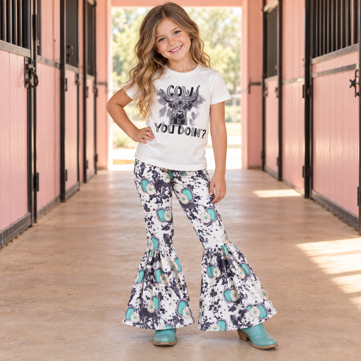 Girls Cow You Doin Outfit, Highland Cow Bell Bottom Set, Western Clothes