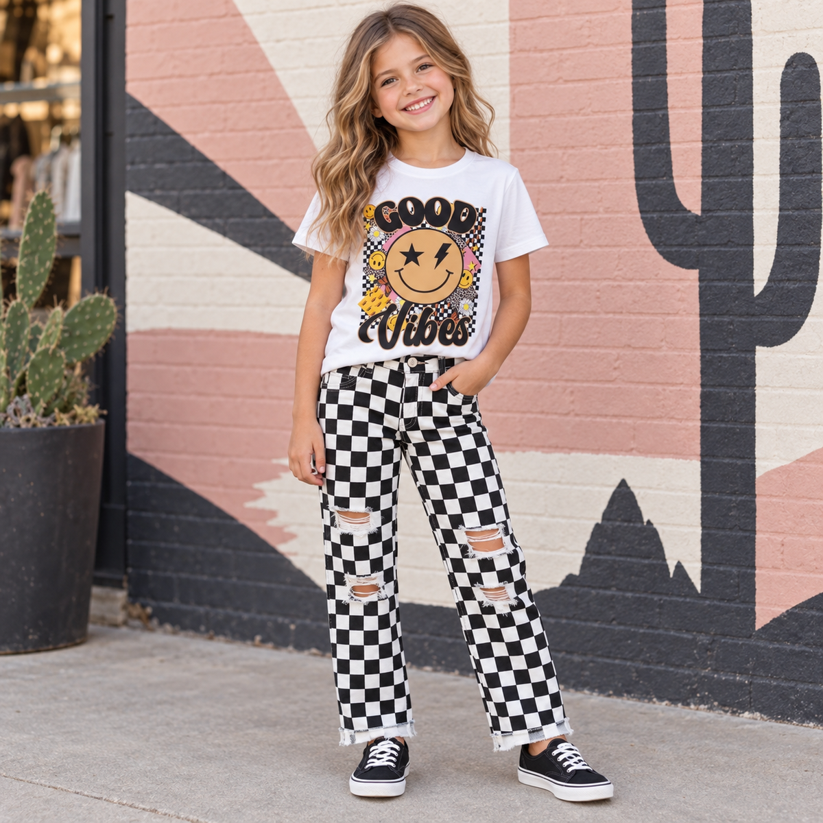 Girls Good Vibes Shirt, Retro Smiley Face Tee, Checkerboard Graphic T Shirt