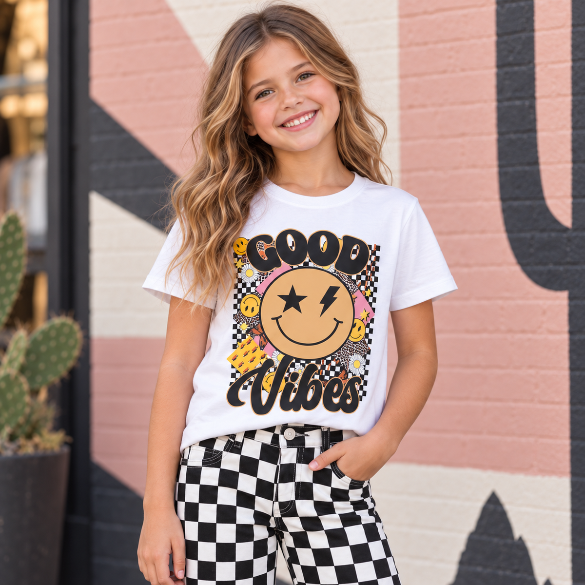 Girls Good Vibes Shirt, Retro Smiley Face Tee, Checkerboard Graphic T Shirt