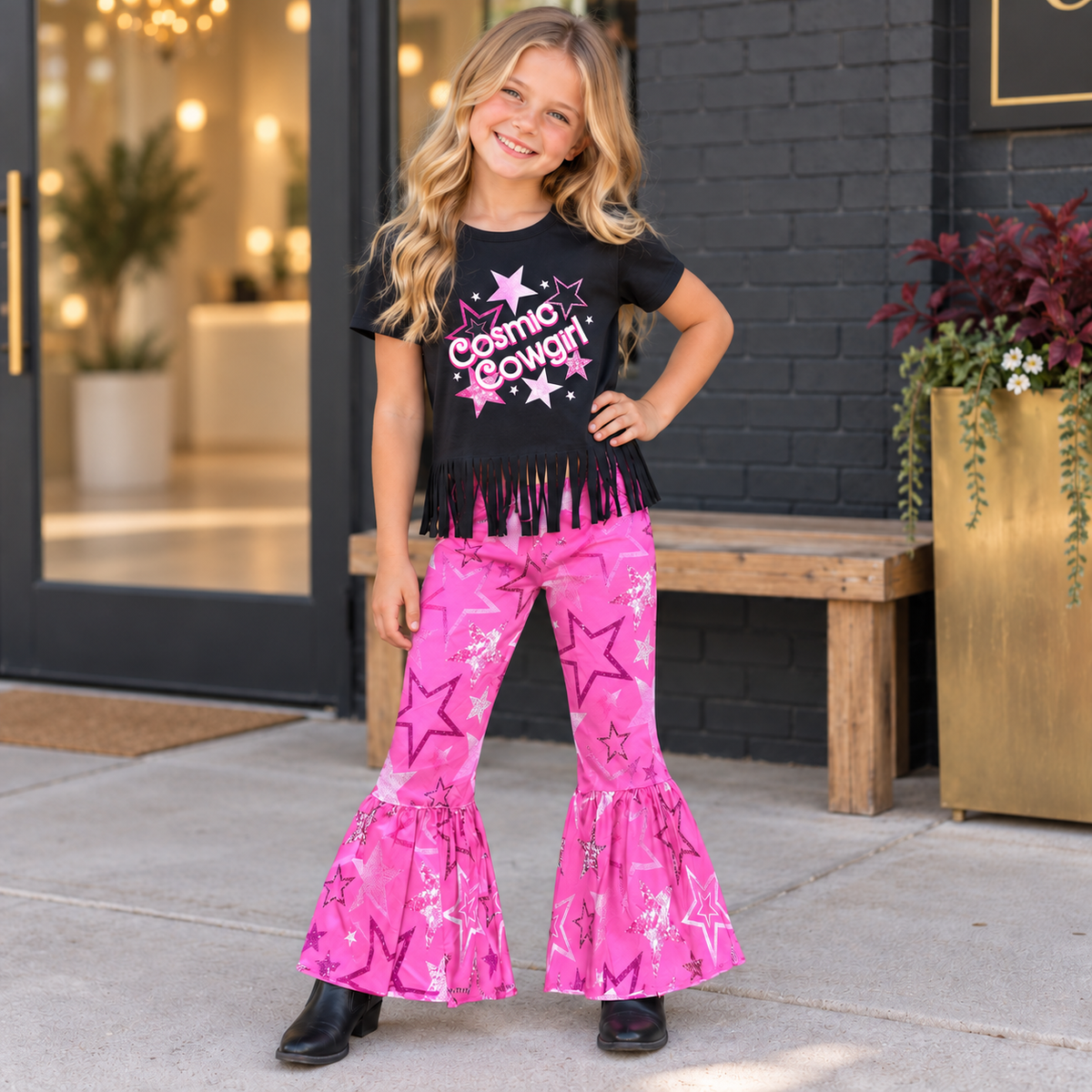 Cosmic Cowgirl Outfit, Pink Star Bell Bottoms, Girls Fringe Shirt Set