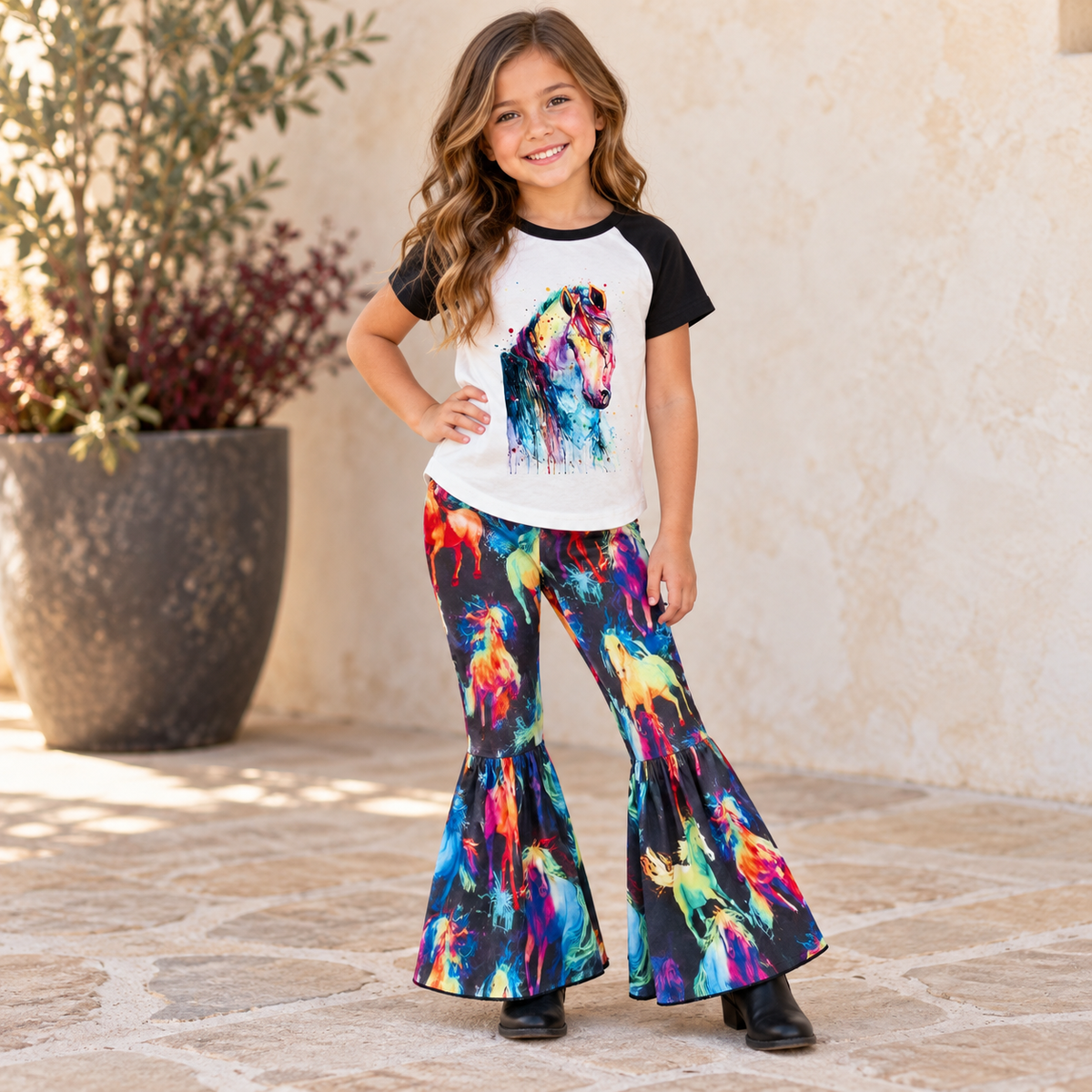 Neon Horse Bell Bottom Set: Girls Horse Lover Outfit