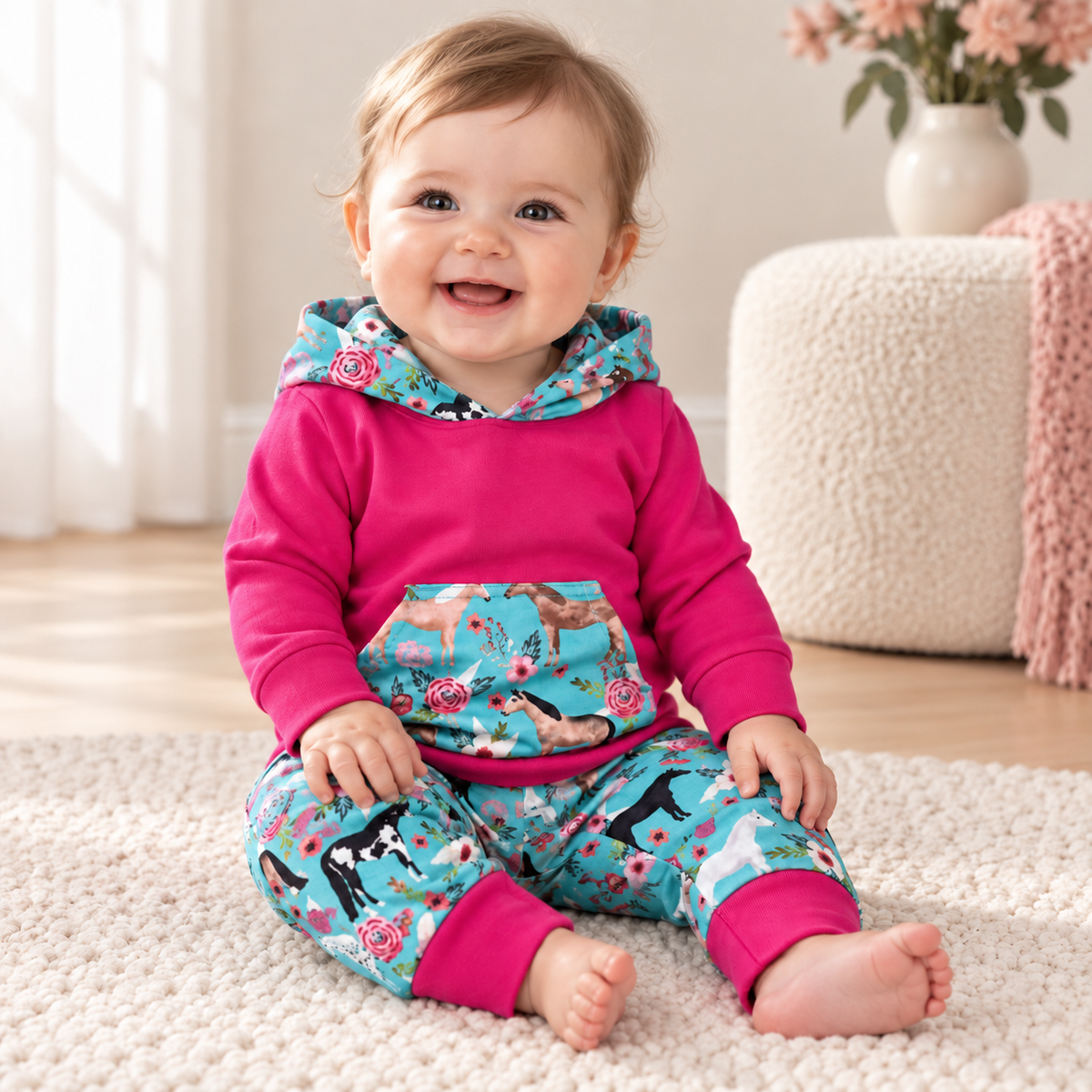 Baby Girl Horse Outfit, Pink Hoodie and Jogger Set