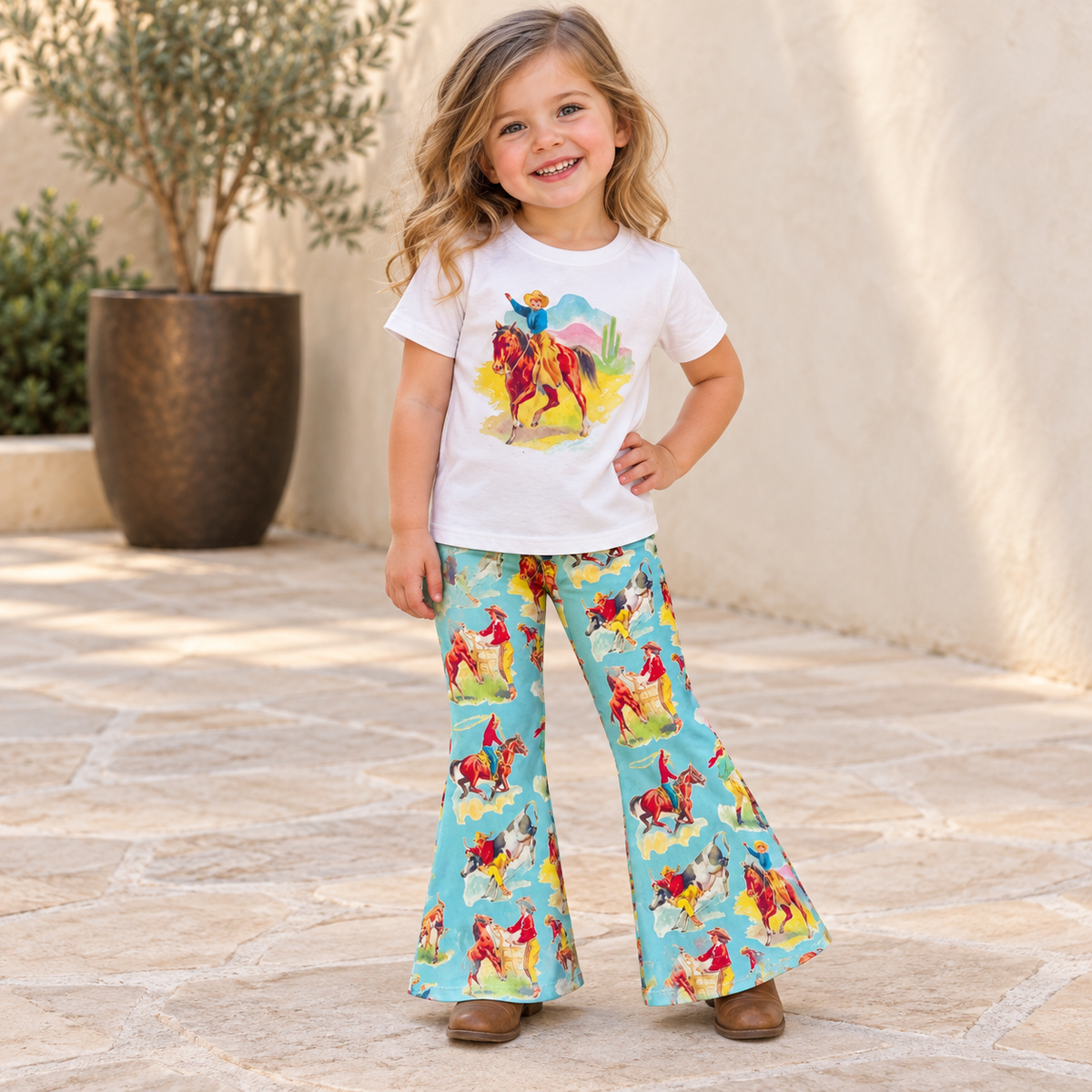 Girls Cowgirl Outfit, Retro Cowboy Shirt, Western Bell Bottoms