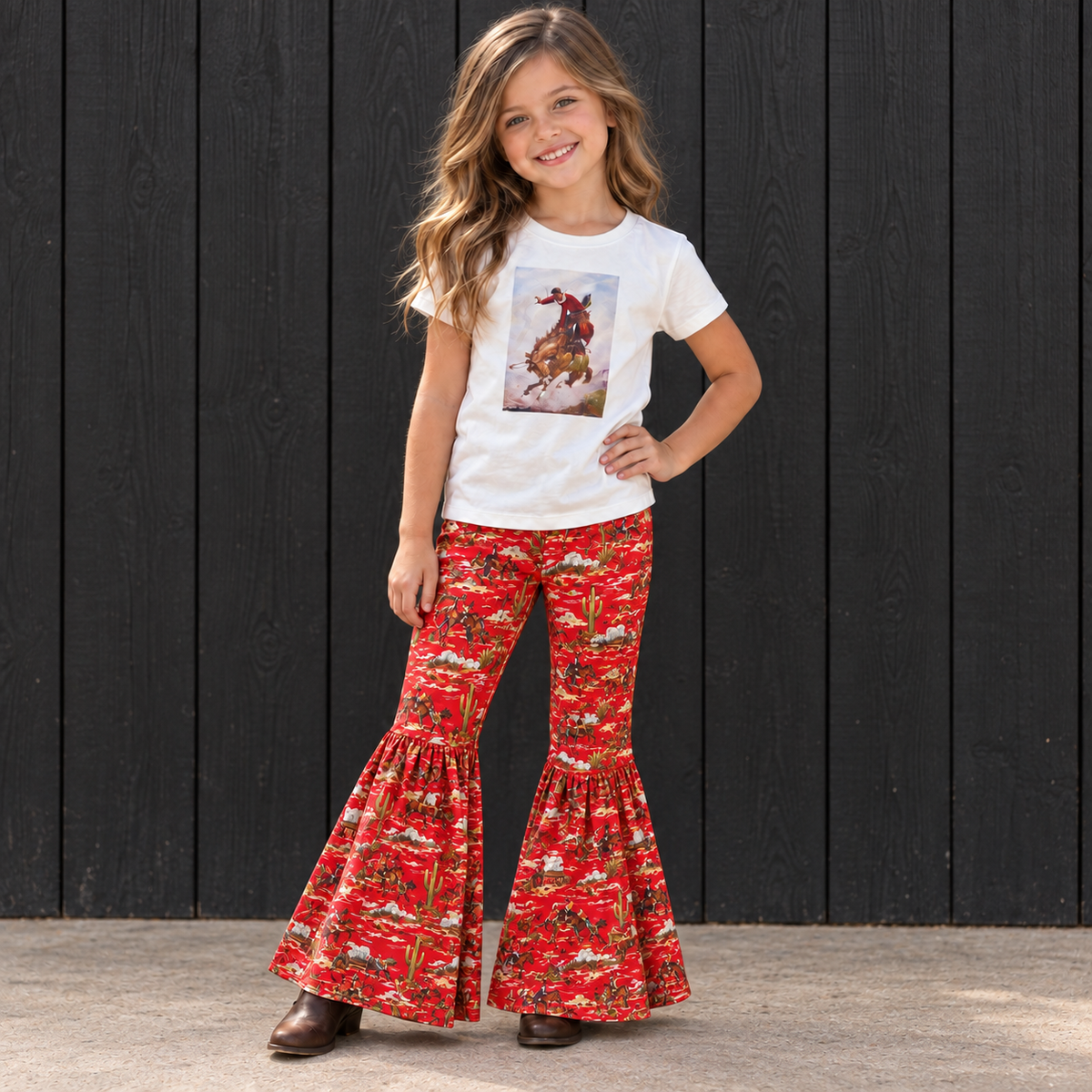 Girls Cowboy Outfit, Red Western Bell Bottoms, Bronc Rider Shirt
