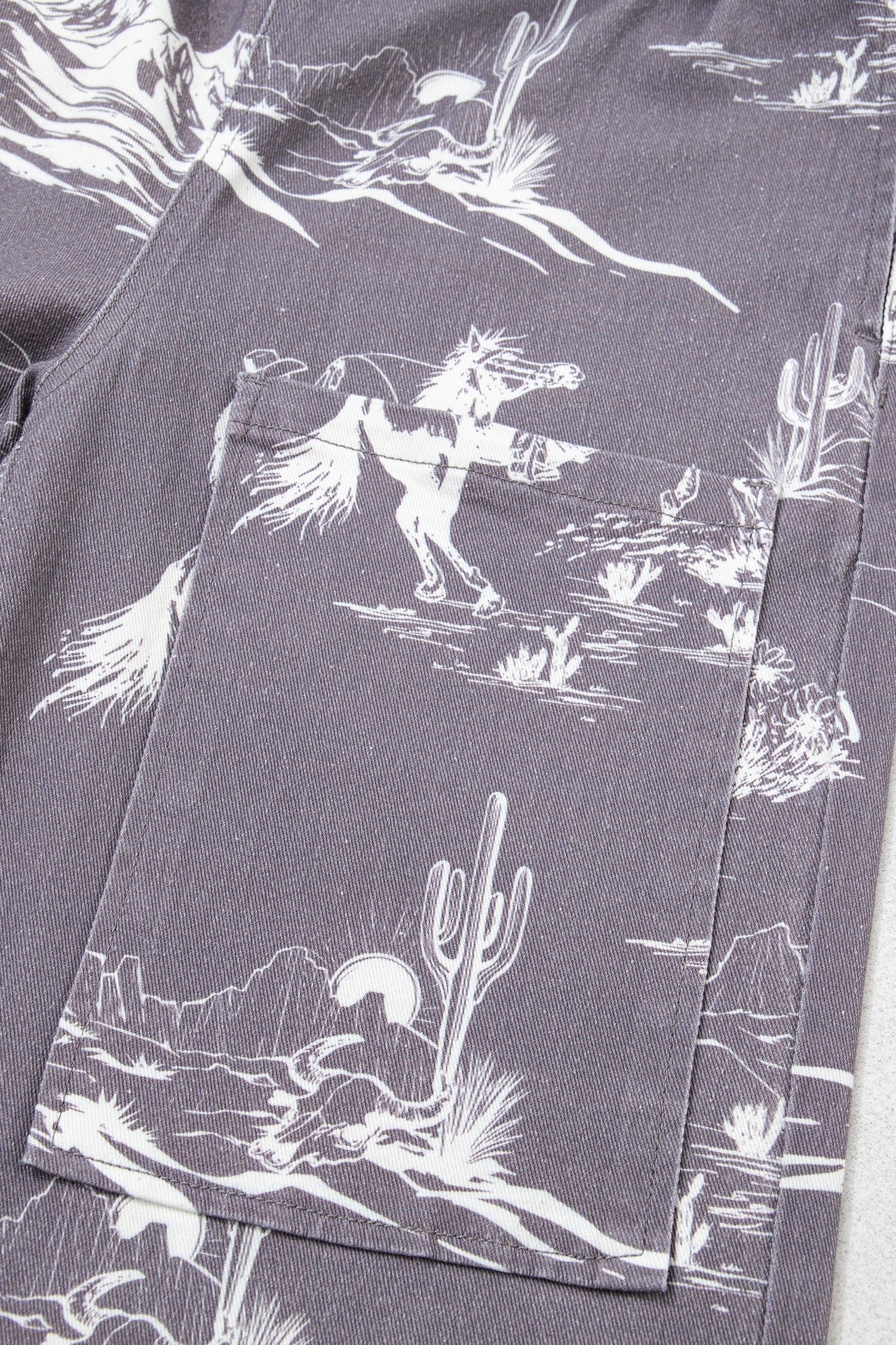 Close-up of a of capri pants pocket with white desert landscape and horse design on a gray background