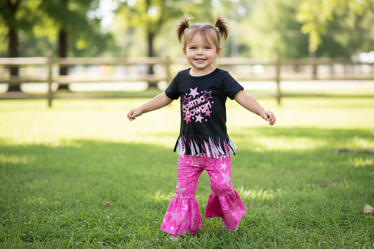 little girl wearing Cosmic Cowgirl Bell Bottom Outfit, Pink Star Bell Bottoms -Razels
