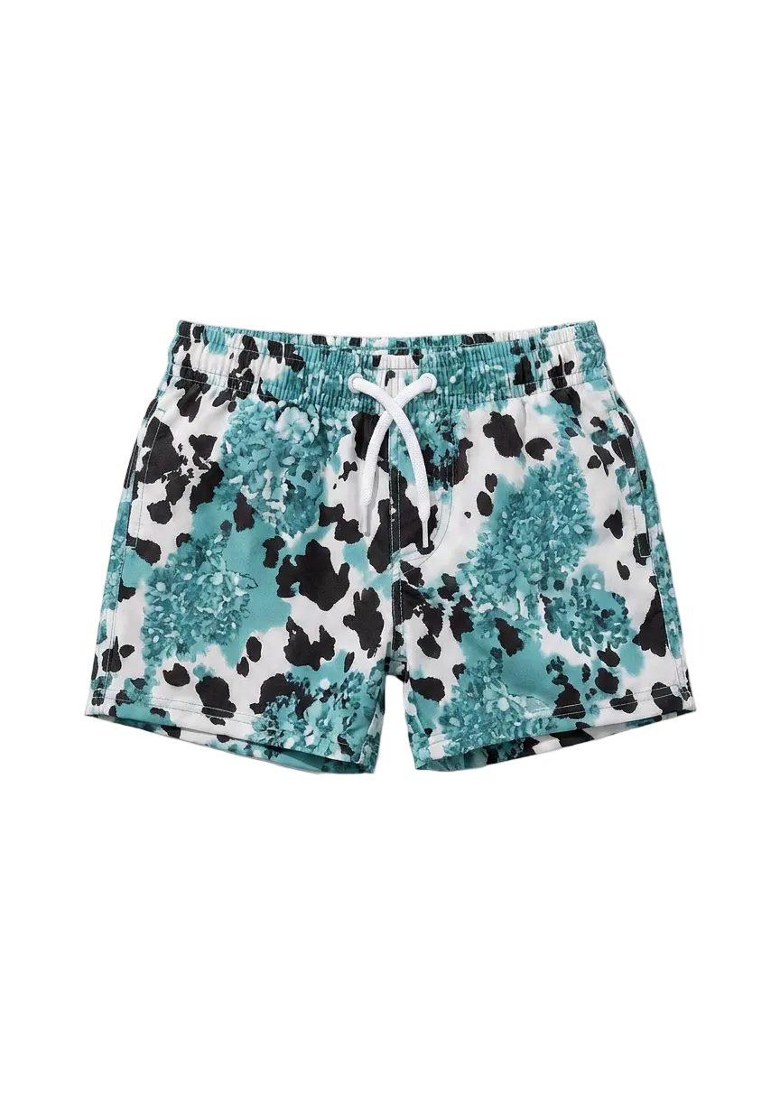 Cow print shorts with a drawstring on a white background
