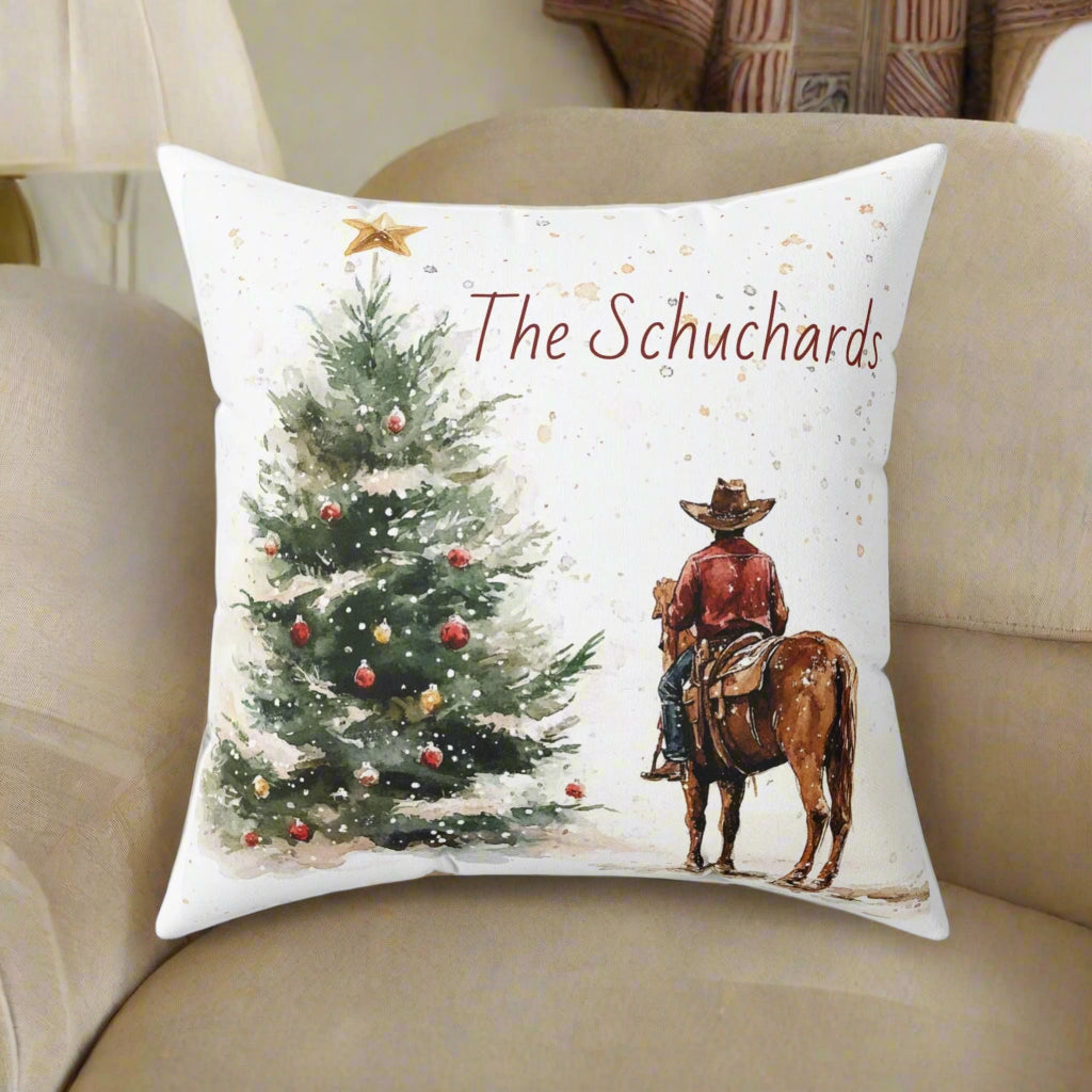 Cowboy & Christmas Tree Throw Pillow, Cowboy Christmas