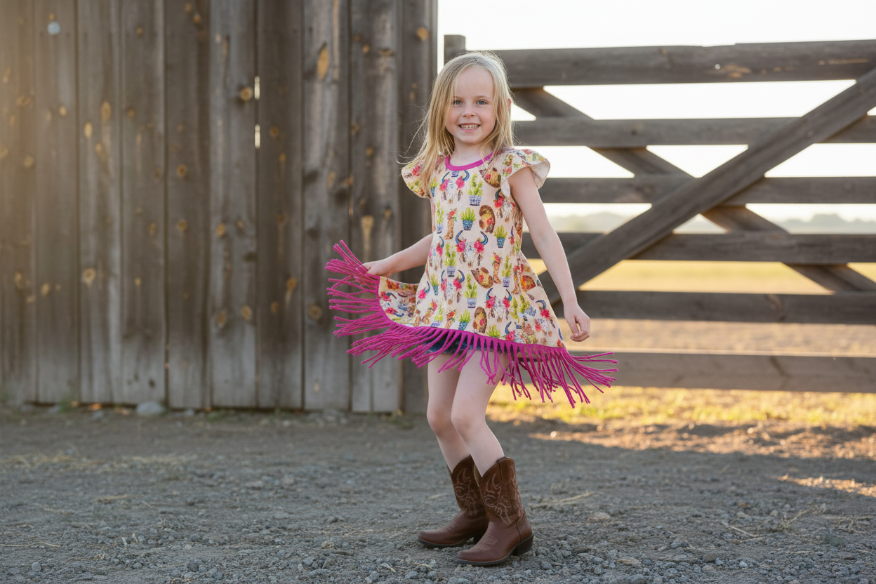 Girls Cowgirl Fringe Dress | Western Tunic Dress with Pink Fringe