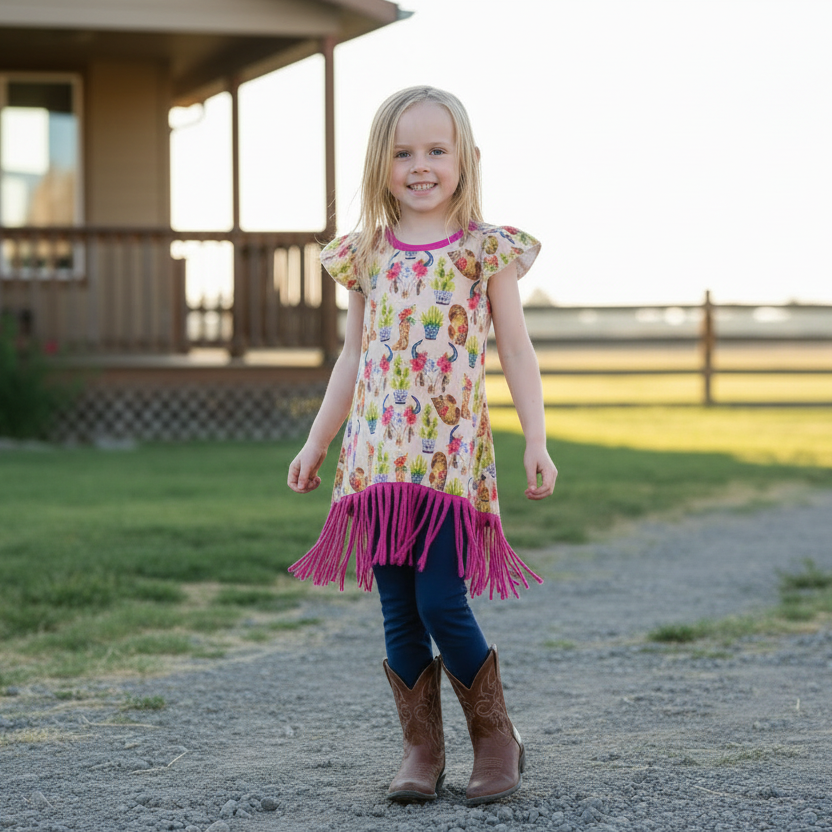 Girls Cowgirl Fringe Dress | Western Tunic Dress with Pink Fringe