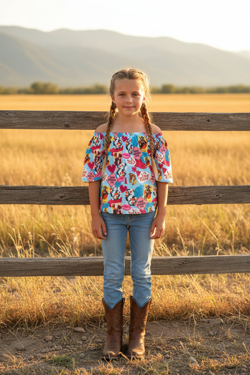 Cowgirl Shirt, Yeehaw Western Cold Shoulder Top -Razels
