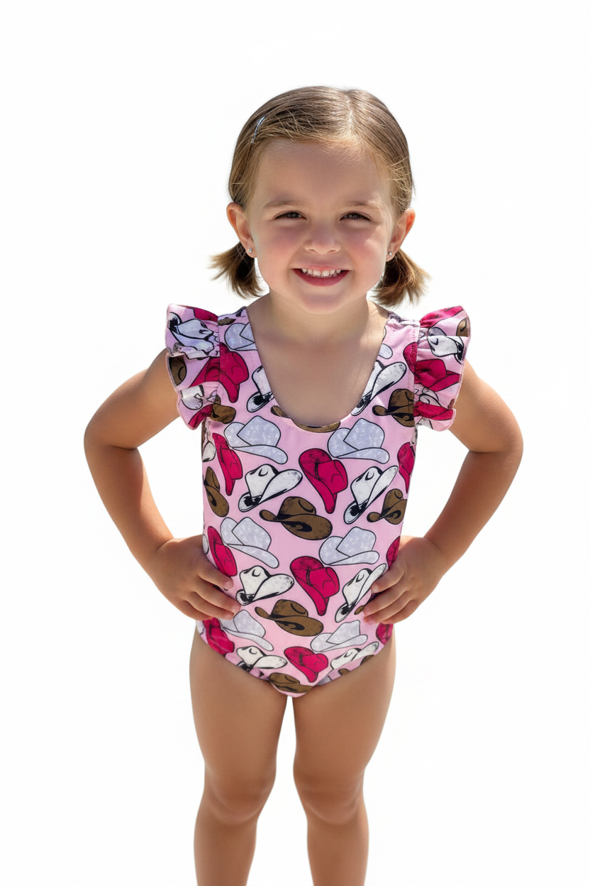 Young girl wearing a pink swimsuit with heart and animal print on a white background