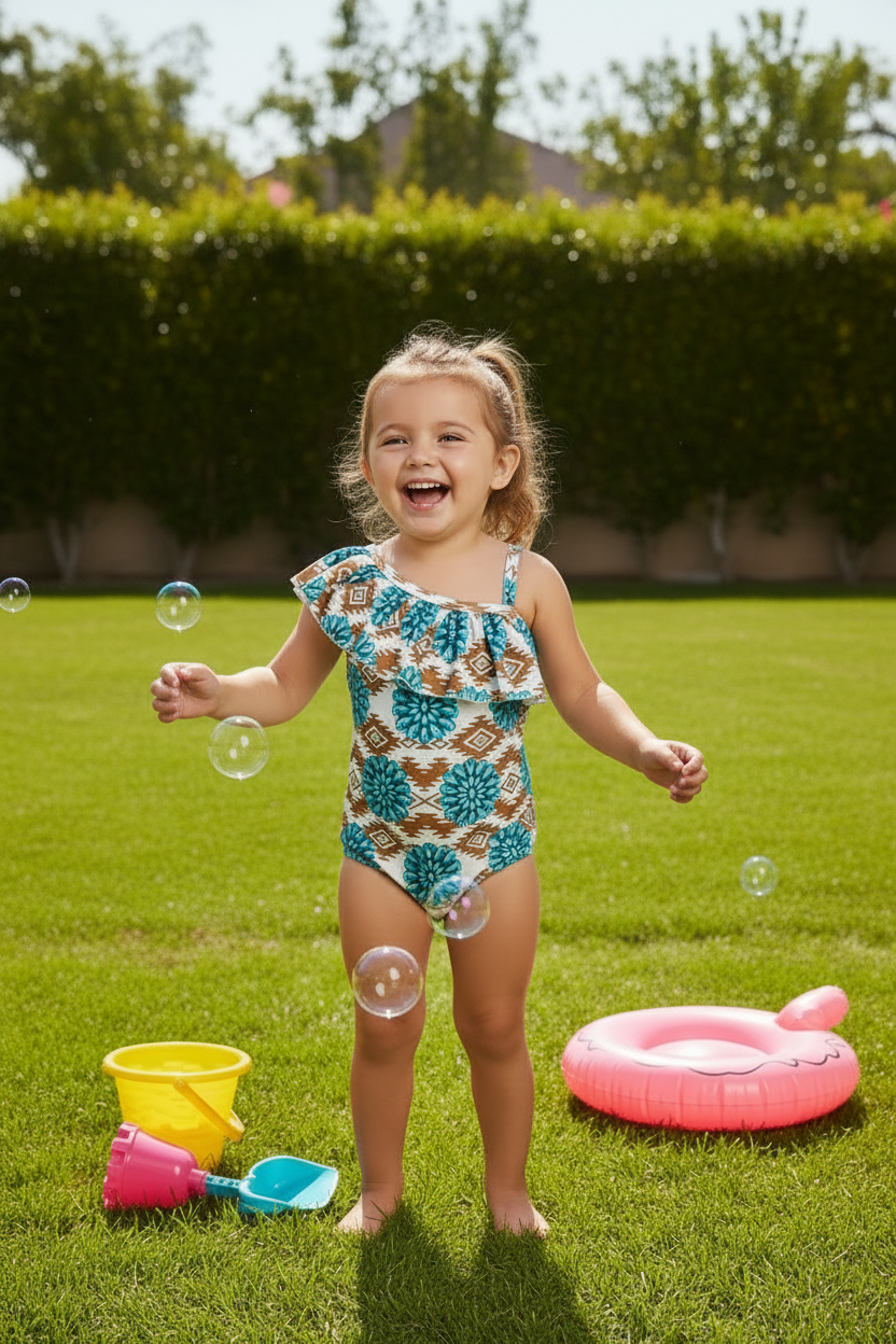 Child in a swimsuit playing with bubbles on grass