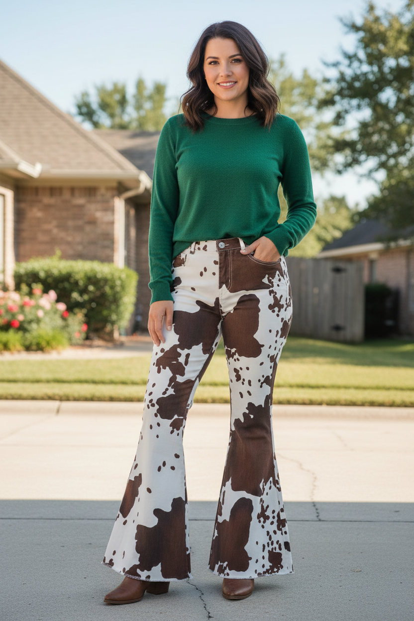 Woman wearing a green top and brown and white patterned flared pants standing on a sidewalk.