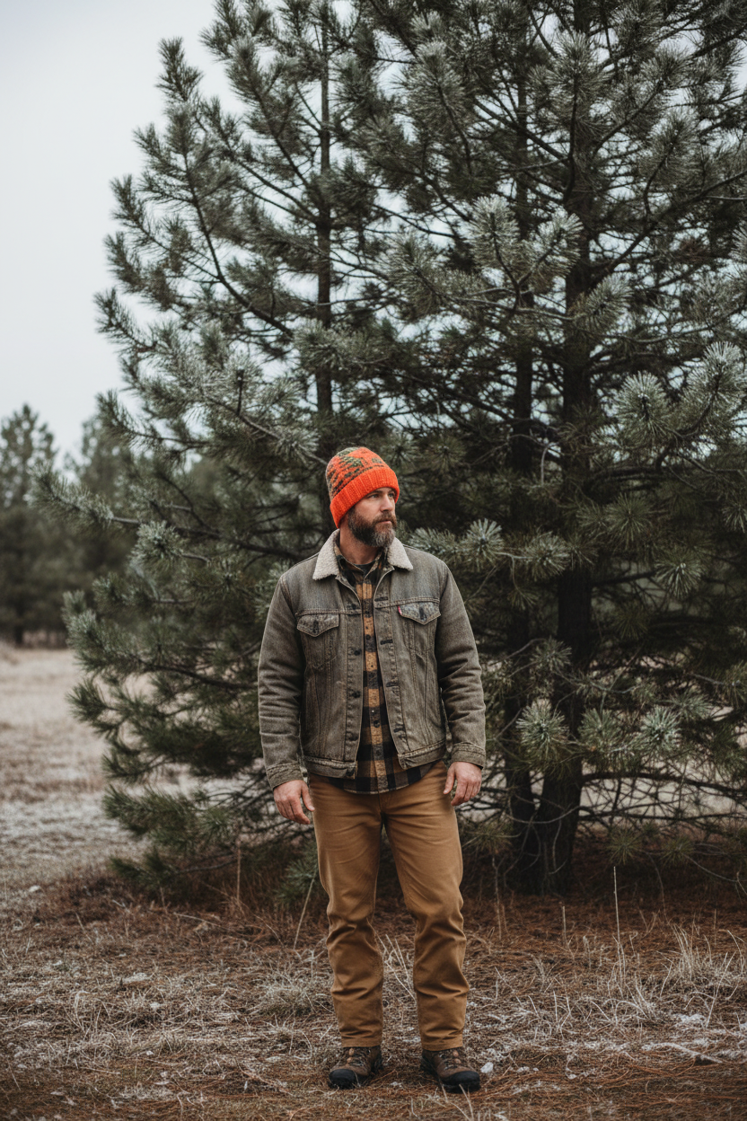 DEER SEX HAT IN CAMO AND ORANGE WORN BY OUTDOORSMAN