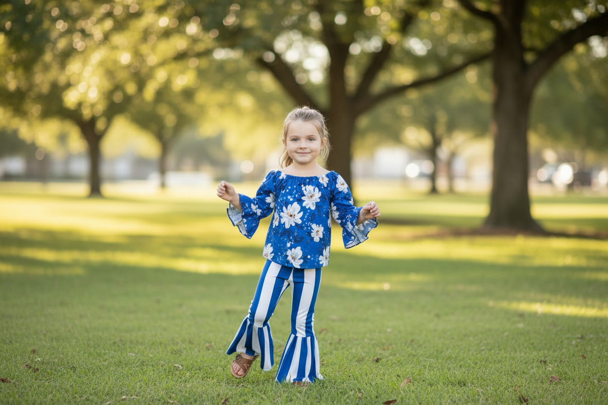 Young girl in a blue floral top and striped pants standing in a park.