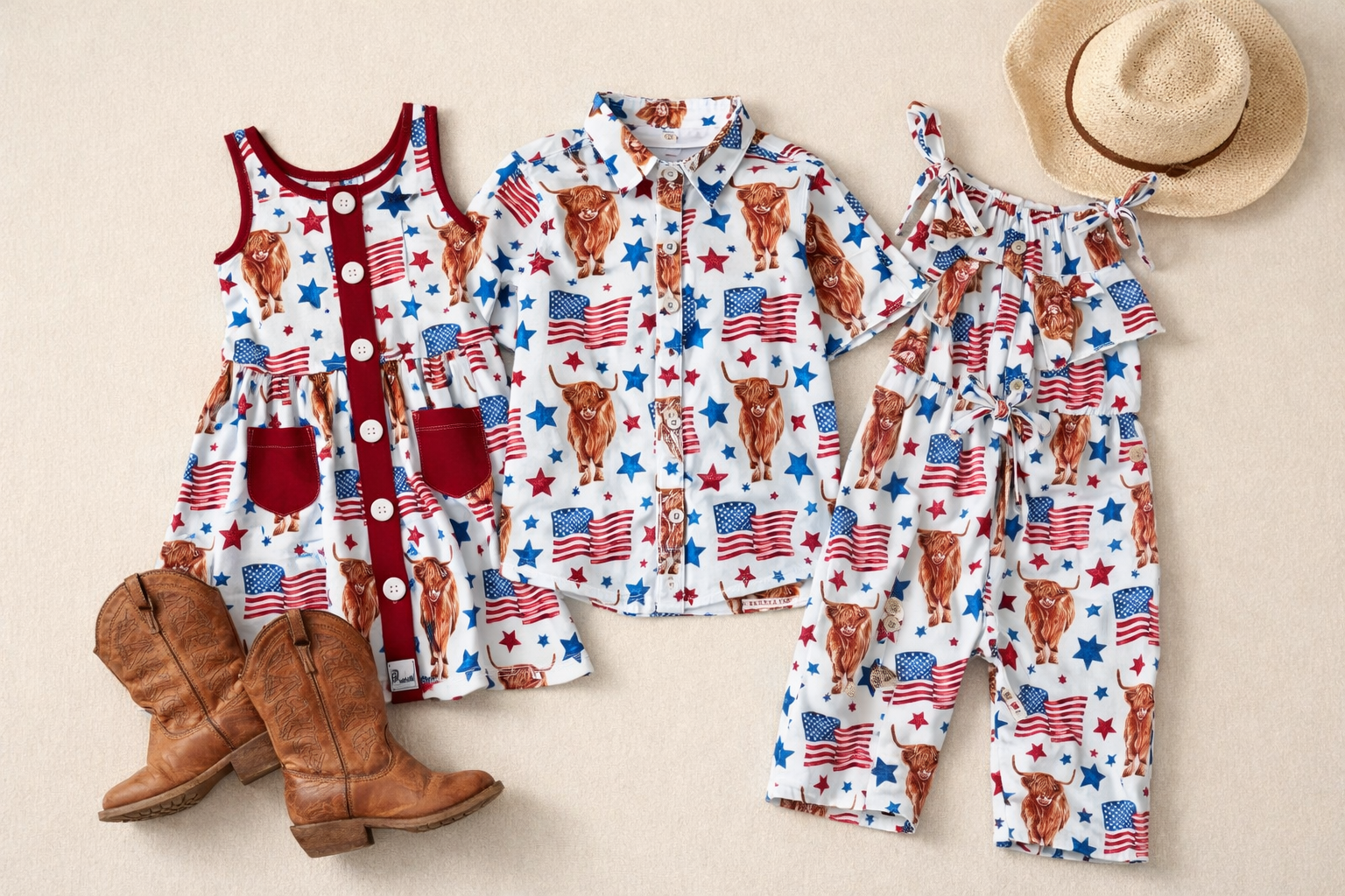 Children's clothing set OF HIGHLAND COW PATRIOTIC CLOTHING with rompers, shirt, cowboy boots, and hat on a beige background