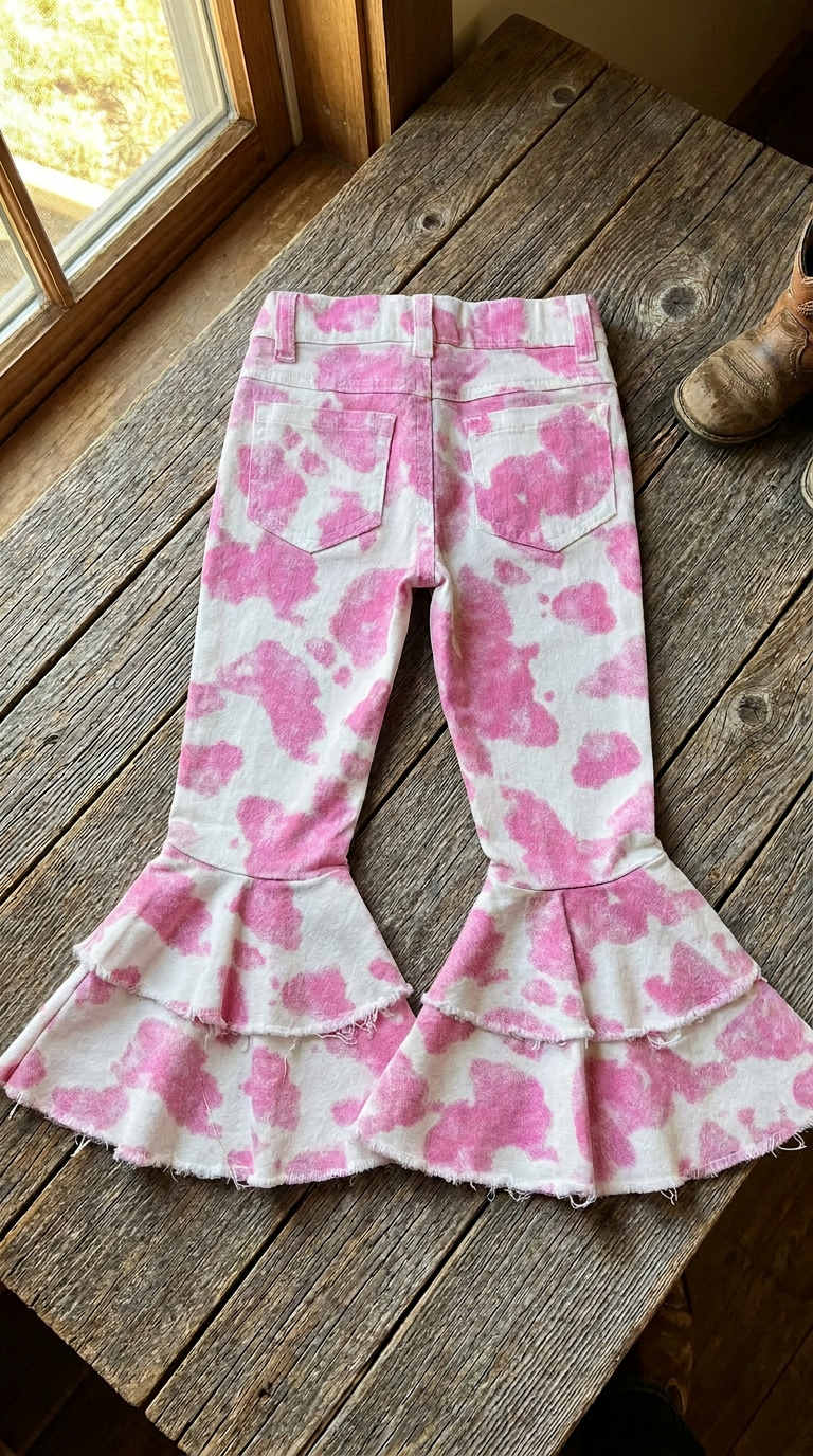 FLAT LAY OF BACK OF PINK COWPRINT  BELL BOTTOM JEANS AGAINST BARNWOOD