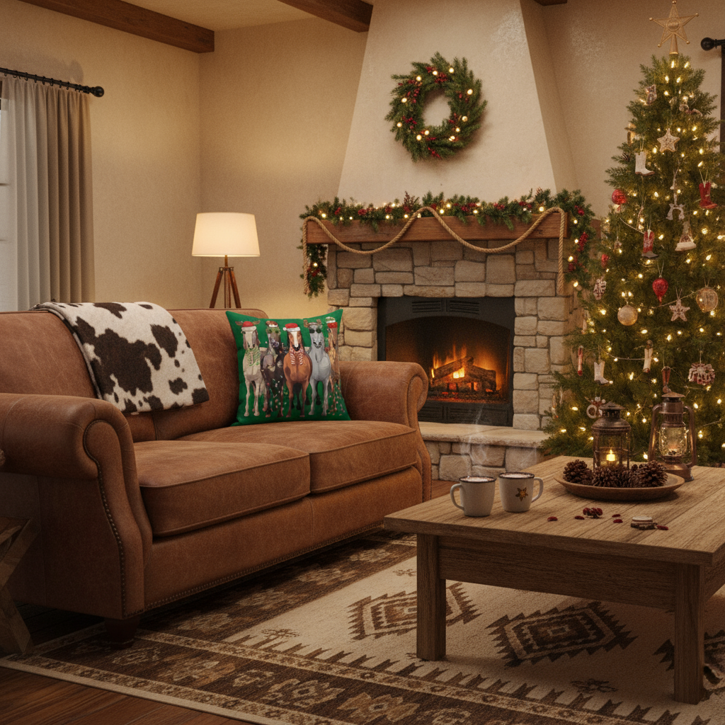 Cozy living room with a Christmas tree, fireplace, and decorated mantel.