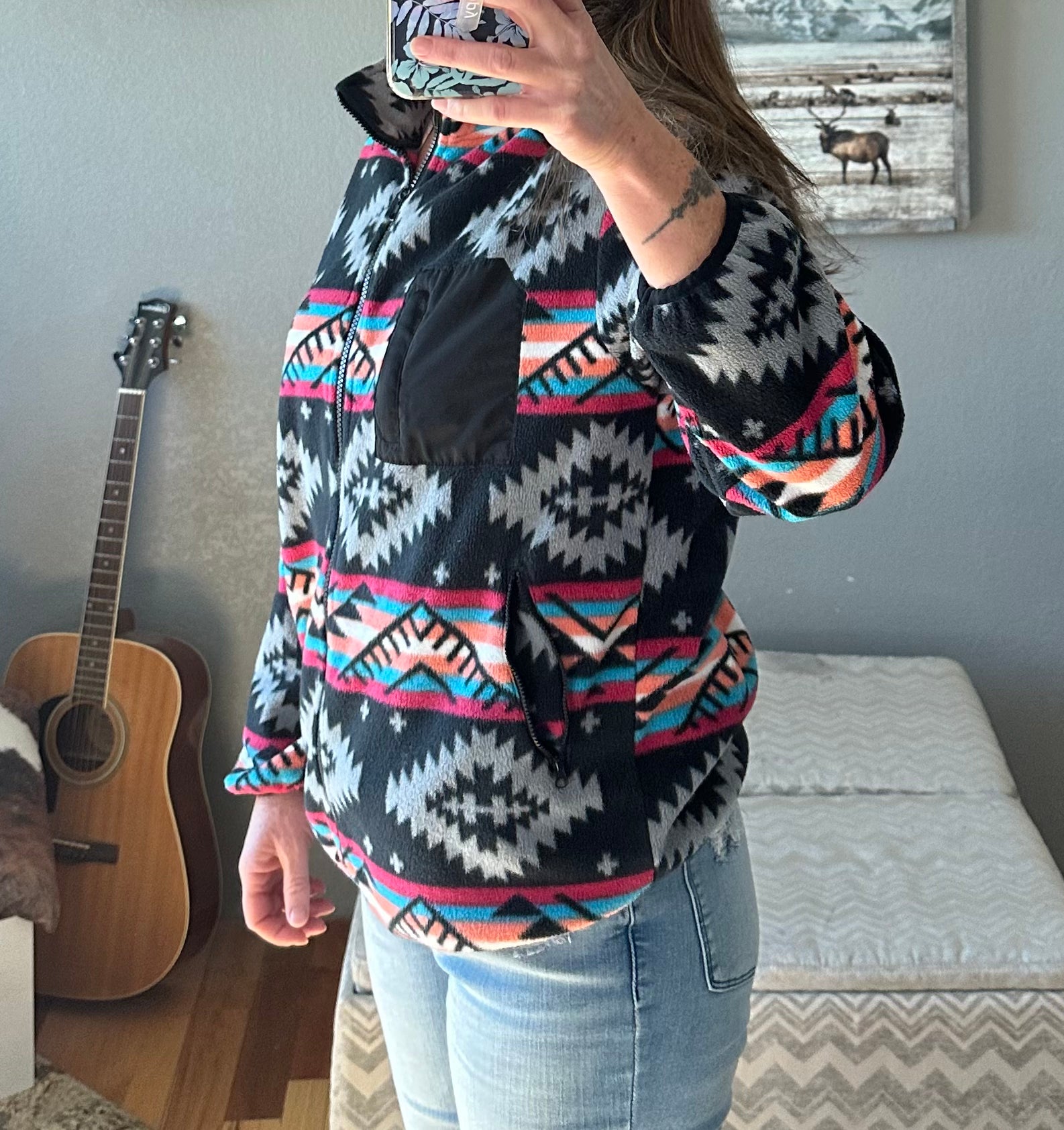 Aztec Fleece Jacket for Women – Western Zip-Up Sweatshirt, Black Aztec Boho