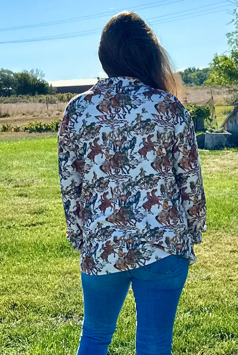 Fall Cowgirl Button Up Shirt, Western Fall Shirt, Rodeo Cowboy Print Corduroy Shirt Jacket