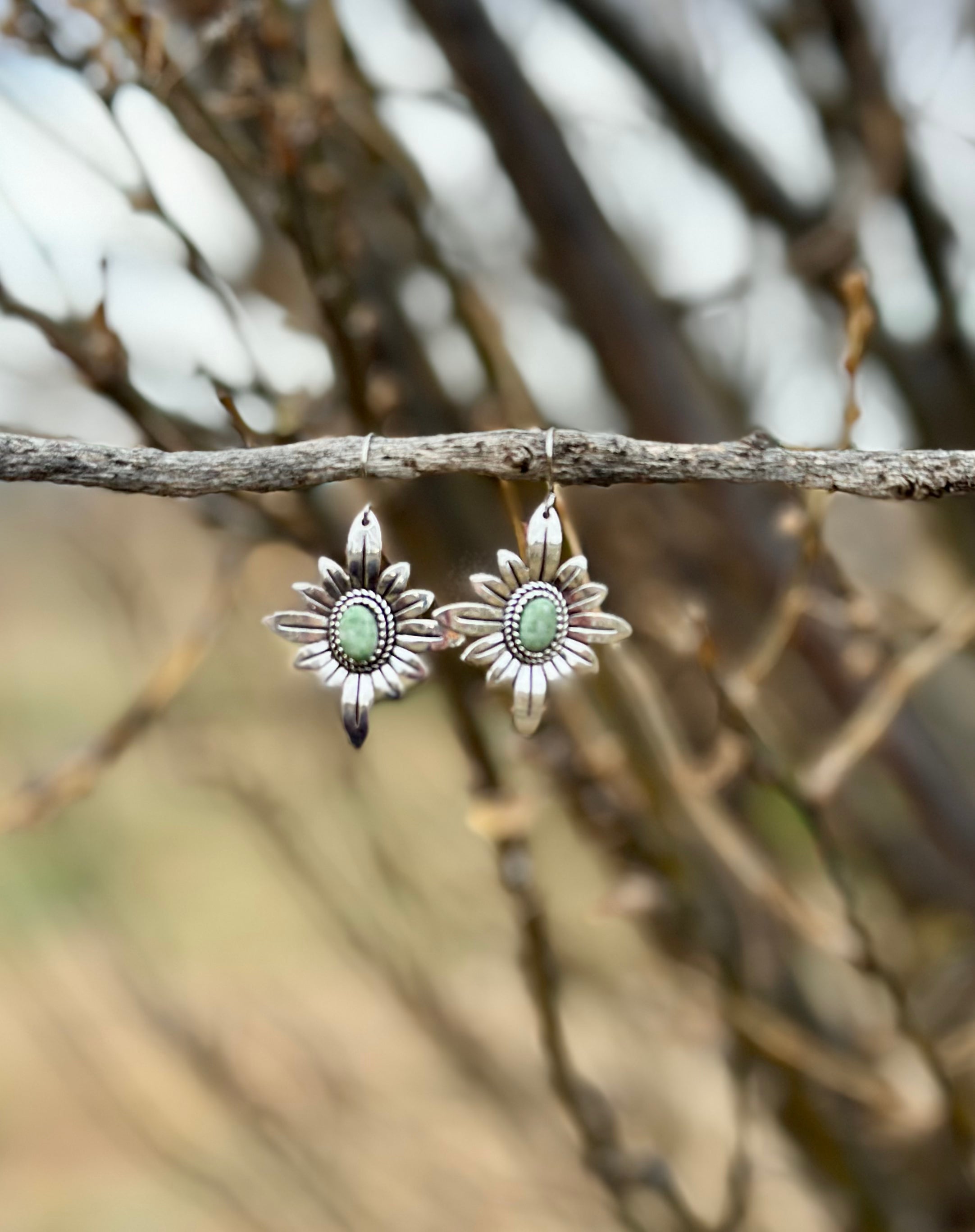 Green Western Flower Dangle Earrings with Turquoise Center – Boho Floral Western Style