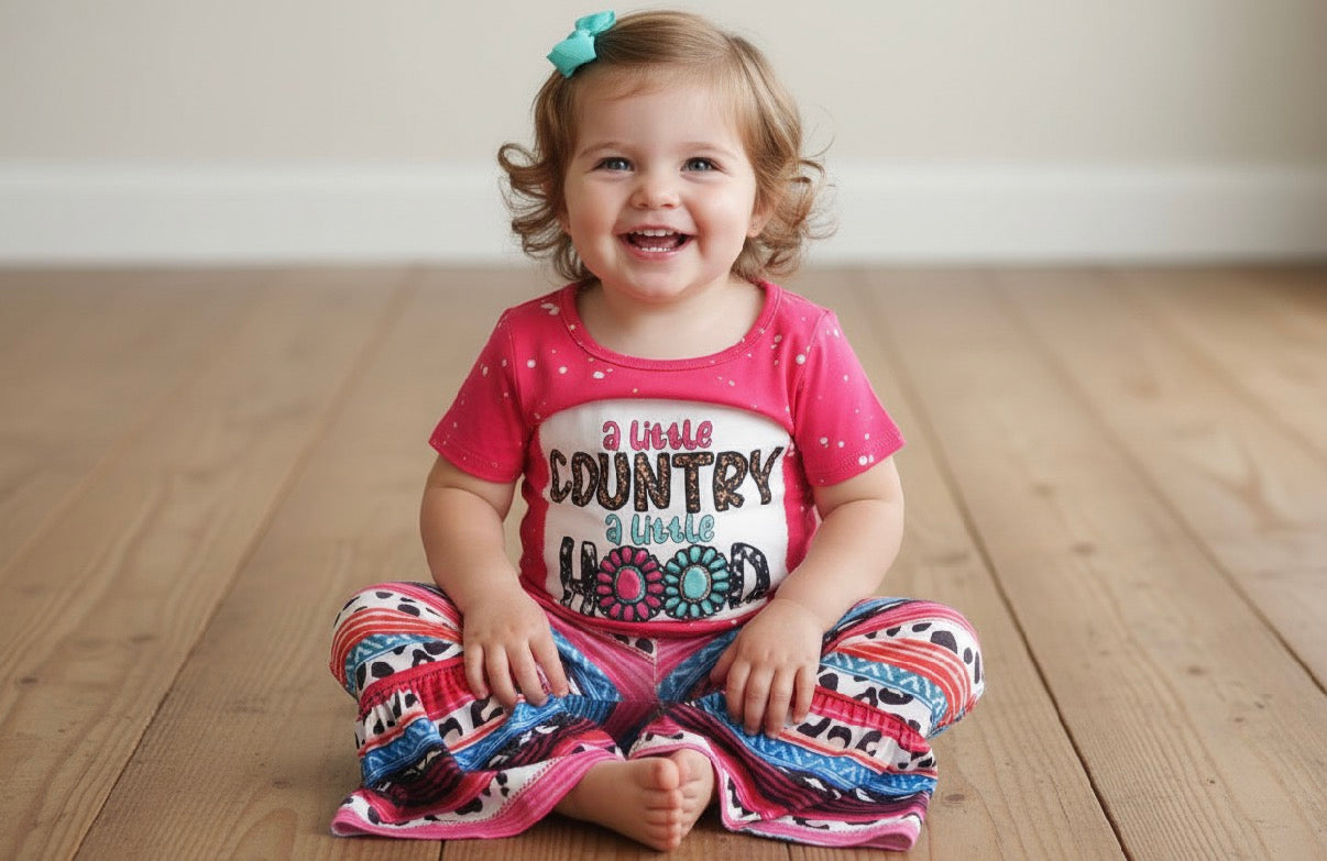 Girls Western Bell Bottom Set – “A Little Country, A Little Hood” Pink Cowgirl Outfit
