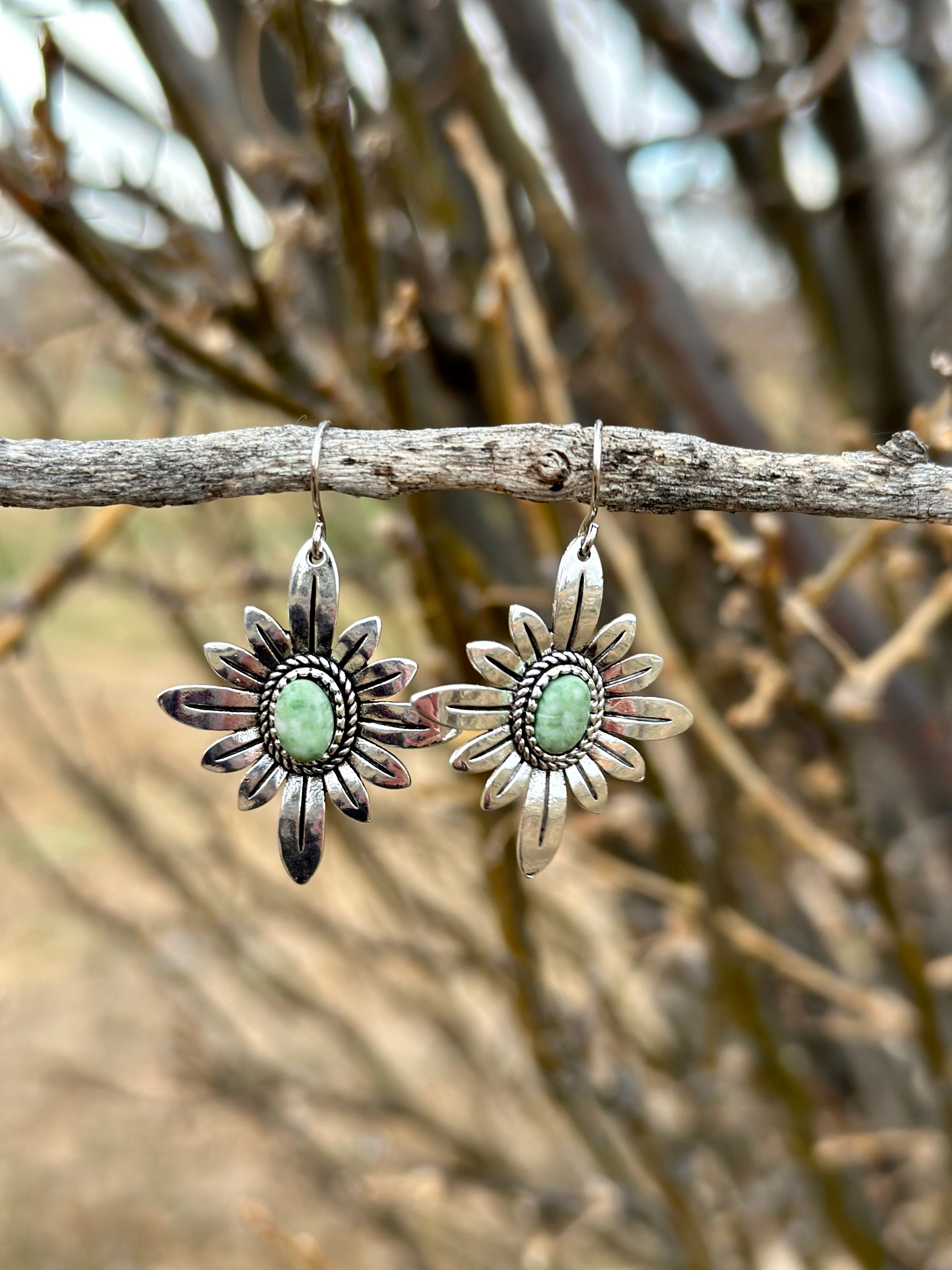 Green Western Flower Dangle Earrings with Turquoise Center – Boho Floral Western Style