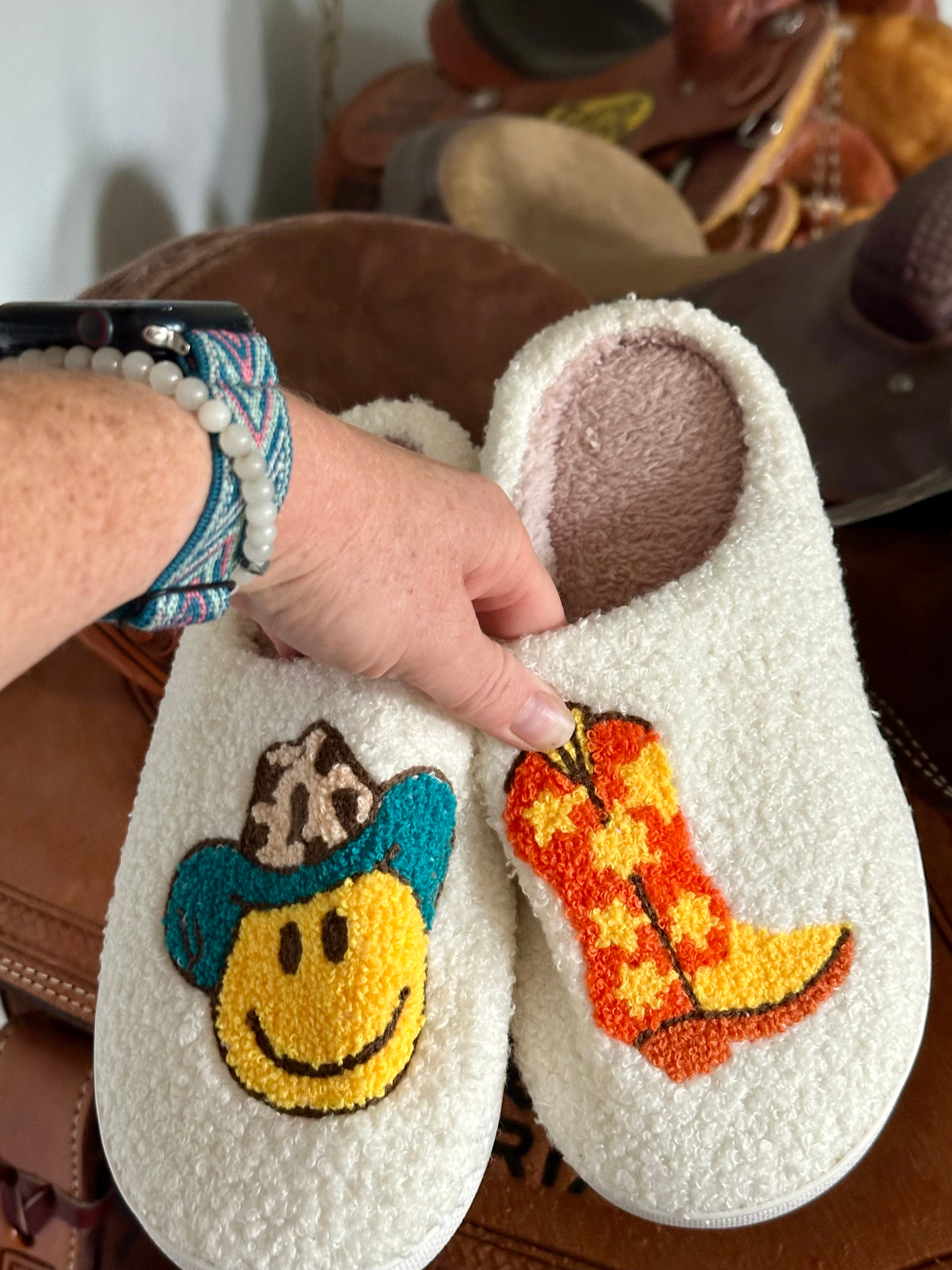 Smiley Face Cowboy Cowgirl Slippers | Western Boot Slippers, Western Gift, Fun Gifts