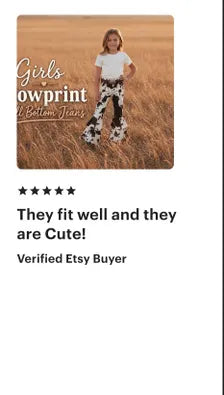 Girls Cowprint Bell Bottom Jeans, Western Cowgirl Jeans, Adjustable Waist, Toddler Girls